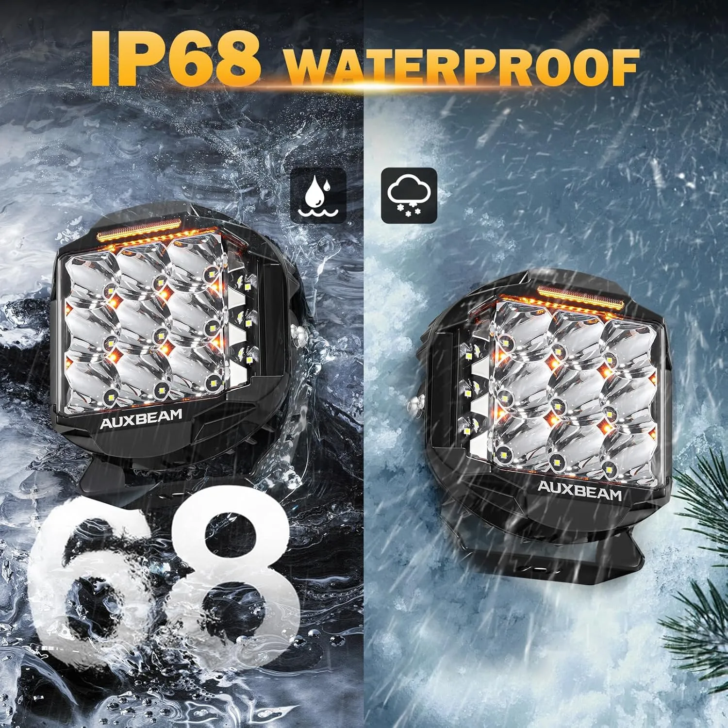 Auxbeam 7inch 228W Round LED Offroad Light Pod, V-MAX Series 26100LM Side Shooter LED Offroad Driving Lights with Amber DRL, 270° Beam Auxiliary Ditch Light for Truck ATV Jeep Ford