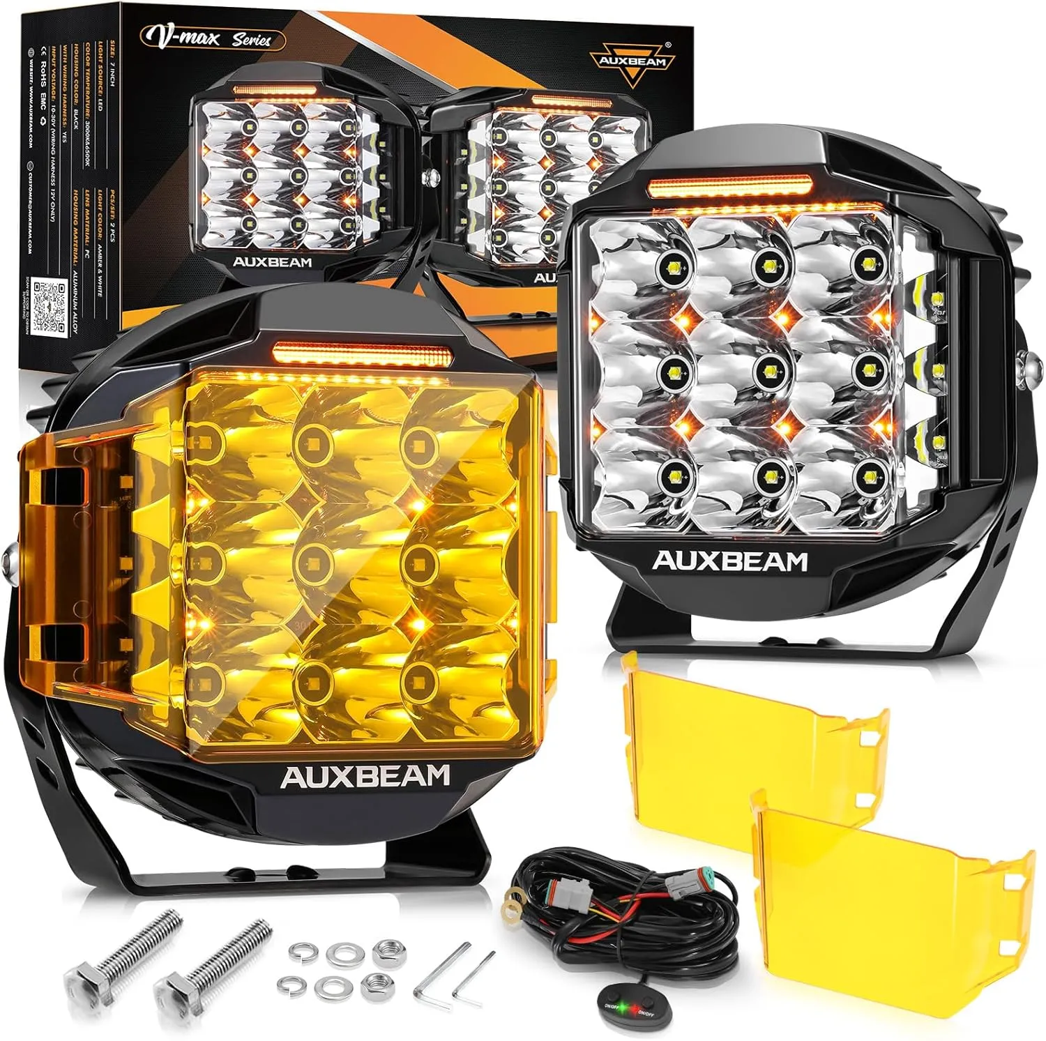 Auxbeam 7inch 228W Round LED Offroad Light Pod, V-MAX Series 26100LM Side Shooter LED Offroad Driving Lights with Amber DRL, 270° Beam Auxiliary Ditch Light for Truck ATV Jeep Ford