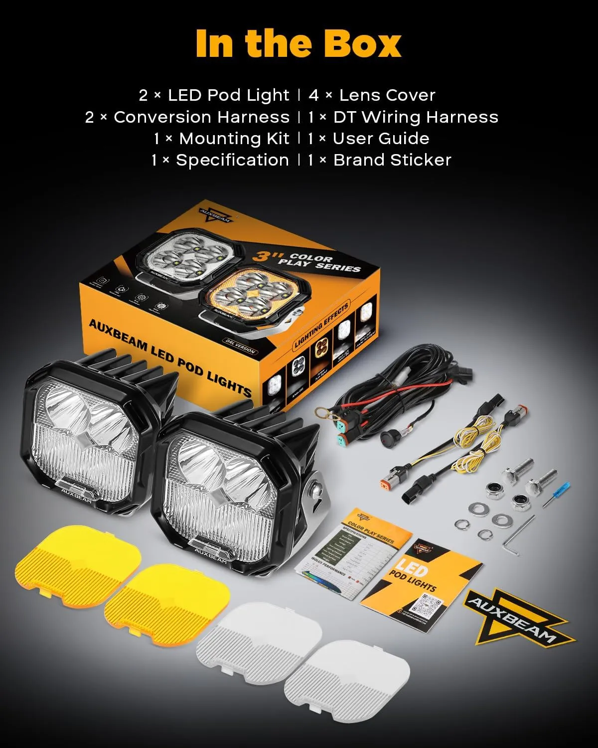 Auxbeam Color Play Series Flood Spot Combo Beam 3 Inch 100W LED Pod Lights with Amber/White DRL & Turn Signal Dual Color Lens Covers Auxiliary Fog Cube Ditch Lights Off-Road Lighting