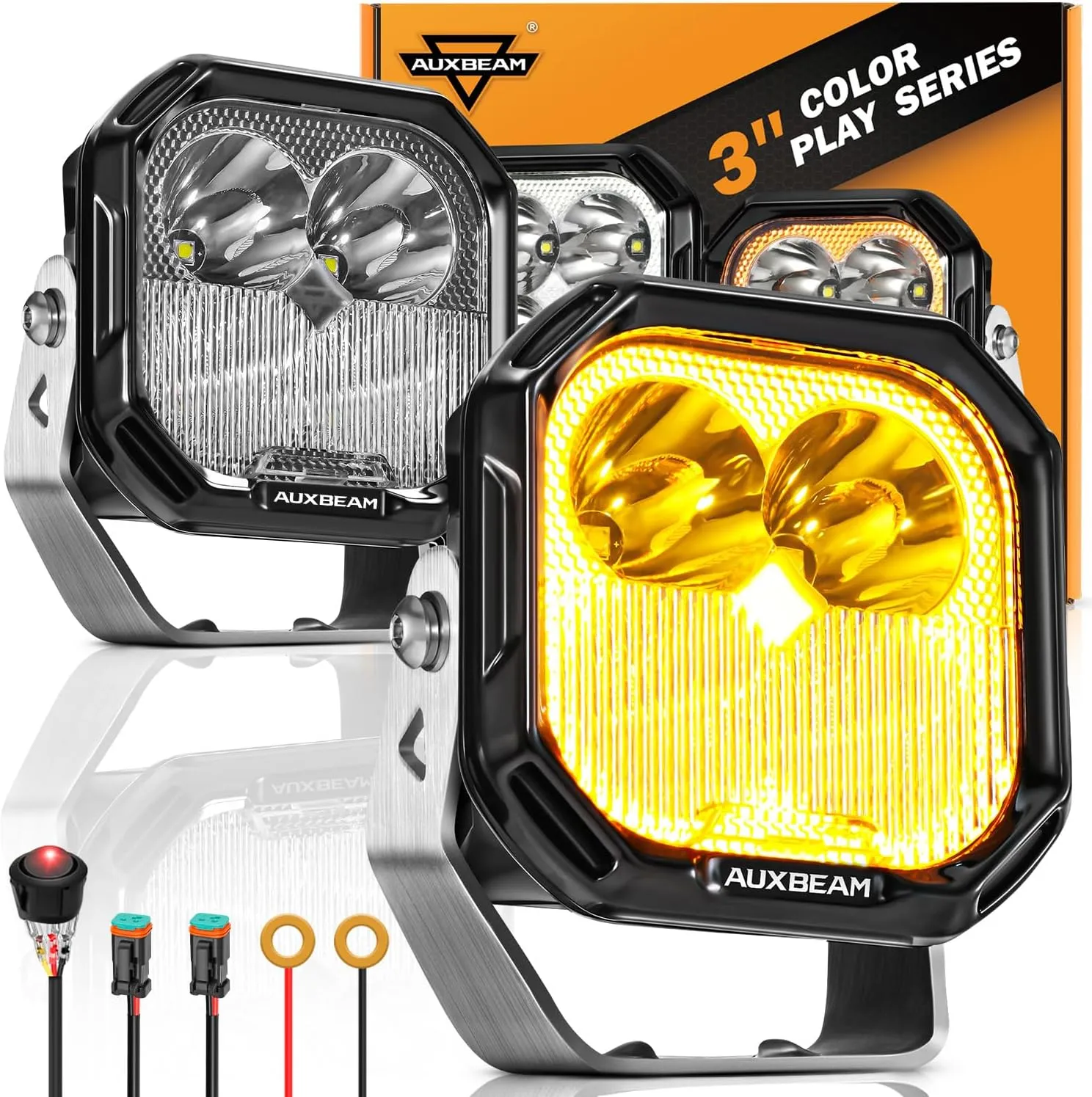 Auxbeam Color Play Series Flood Spot Combo Beam 3 Inch 100W LED Pod Lights with Amber/White DRL & Turn Signal Dual Color Lens Covers Auxiliary Fog Cube Ditch Lights Off-Road Lighting