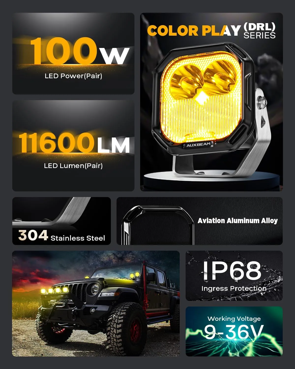 Auxbeam Color Play Series Flood Spot Combo Beam 3 Inch 100W LED Pod Lights with Amber/White DRL & Turn Signal Dual Color Lens Covers Auxiliary Fog Cube Ditch Lights Off-Road Lighting