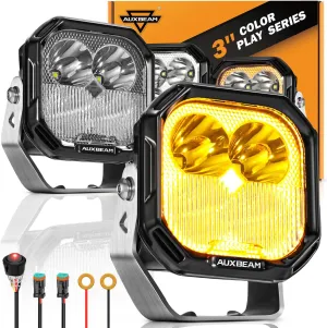 Auxbeam Color Play Series Flood Spot Combo Beam 3 Inch 100W LED Pod Lights with Amber/White DRL & Turn Signal Dual Color Lens Covers Auxiliary Fog Cube Ditch Lights Off-Road Lighting
