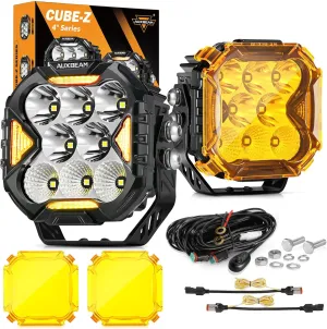 Auxbeam Cube-Z Series 4" Led Pods Lights with Amber Covers, 112W 12800LM Flood Spot Combo Offroad Driving Lights with DRL Turn Signal, Cube Ditch Light with DT Wiring Harness for Jeep ATV UTV, Pair