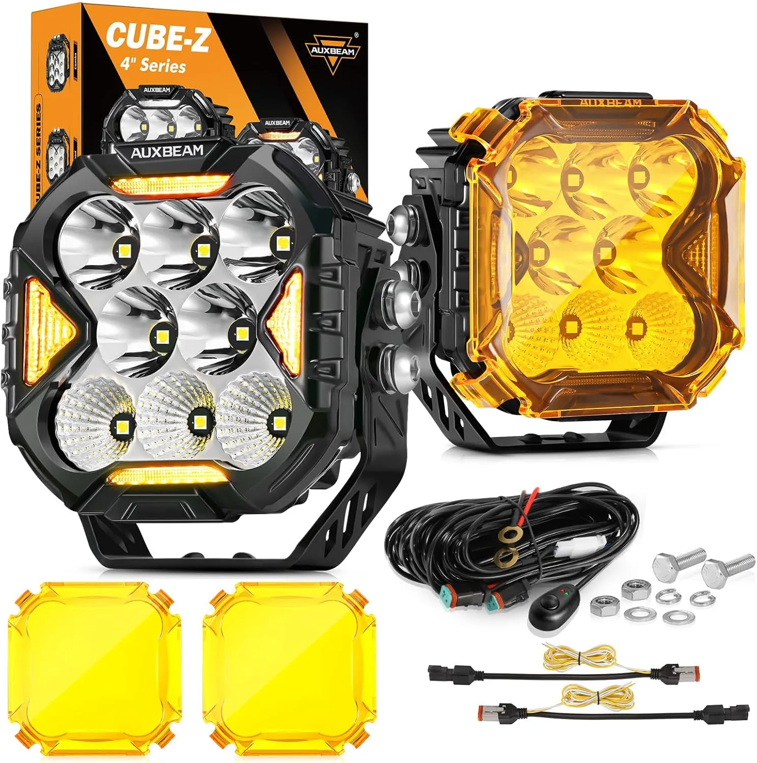 Auxbeam Cube-Z Series 4" Led Pods Lights with Amber Covers, 112W 12800LM Flood Spot Combo Offroad Driving Lights with DRL Turn Signal, Cube Ditch Light with DT Wiring Harness for Jeep ATV UTV, Pair