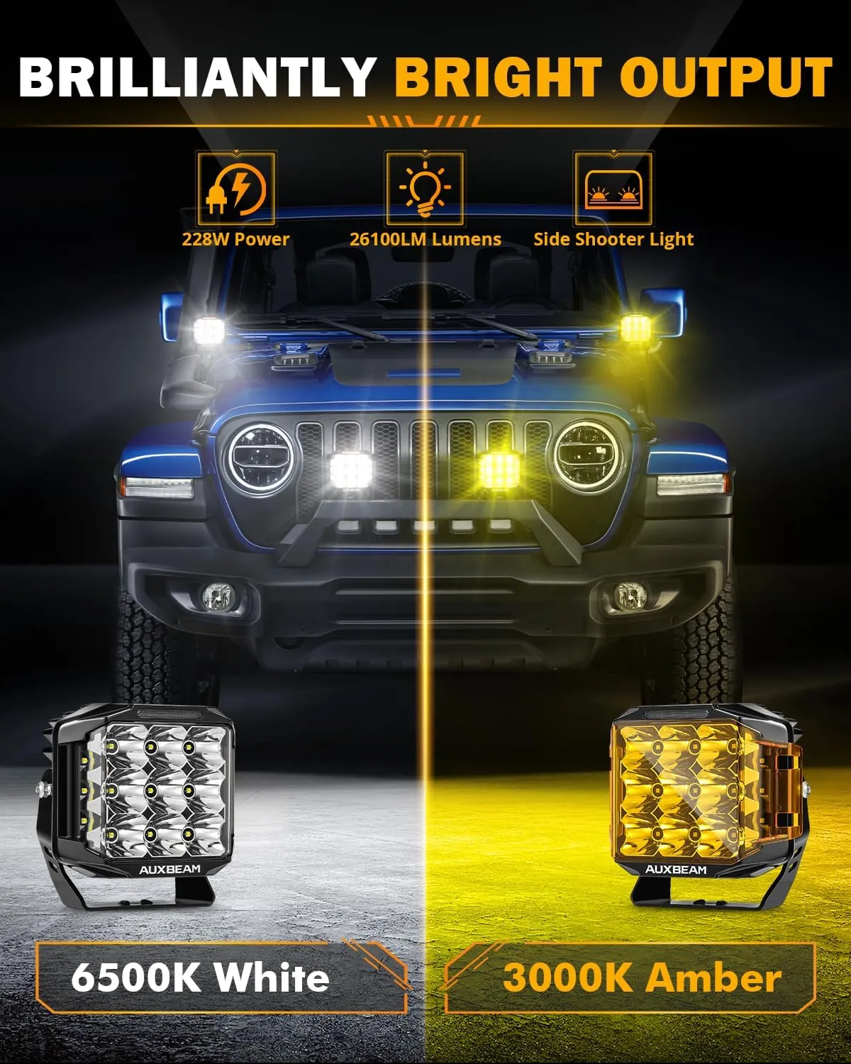 Auxbeam V-MAX Series LED Pod Lights, 7 Inch Offroad Driving Cube Lights with Amber DRL, 228W Super Bright Spot Flood Combo Beam Universal Auxiliary Ditch Light with Yellow Cover with DT Plug Kit, 2PCS