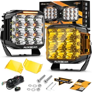 Auxbeam V-MAX Series LED Pod Lights, 7 Inch Offroad Driving Cube Lights with Amber DRL, 228W Super Bright Spot Flood Combo Beam Universal Auxiliary Ditch Light with Yellow Cover with DT Plug Kit, 2PCS