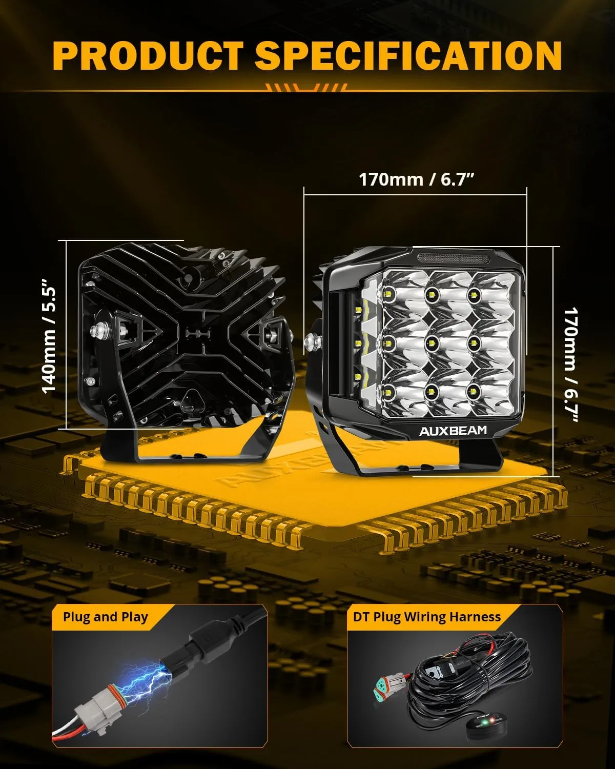 Auxbeam V-MAX Series LED Pod Lights, 7 Inch Offroad Driving Cube Lights with Amber DRL, 228W Super Bright Spot Flood Combo Beam Universal Auxiliary Ditch Light with Yellow Cover with DT Plug Kit, 2PCS