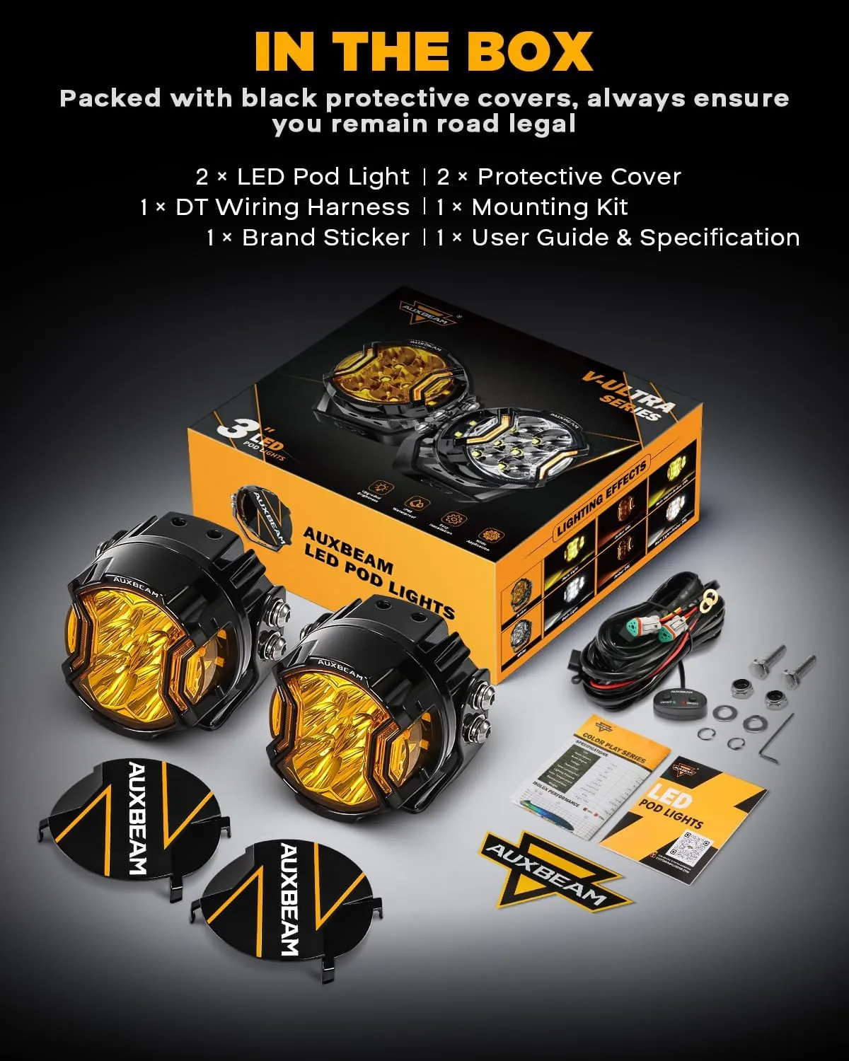 Auxbeam V-Ultra Series 3 Inch 108W Amber Fog Light Pods, with DRL 3 Modes & Protective Covers, 270° Side Shooter Light Bar, Hyper Spot Beam Offroad Lights, for Truck ATV UTV Car Motorcycle, Pair