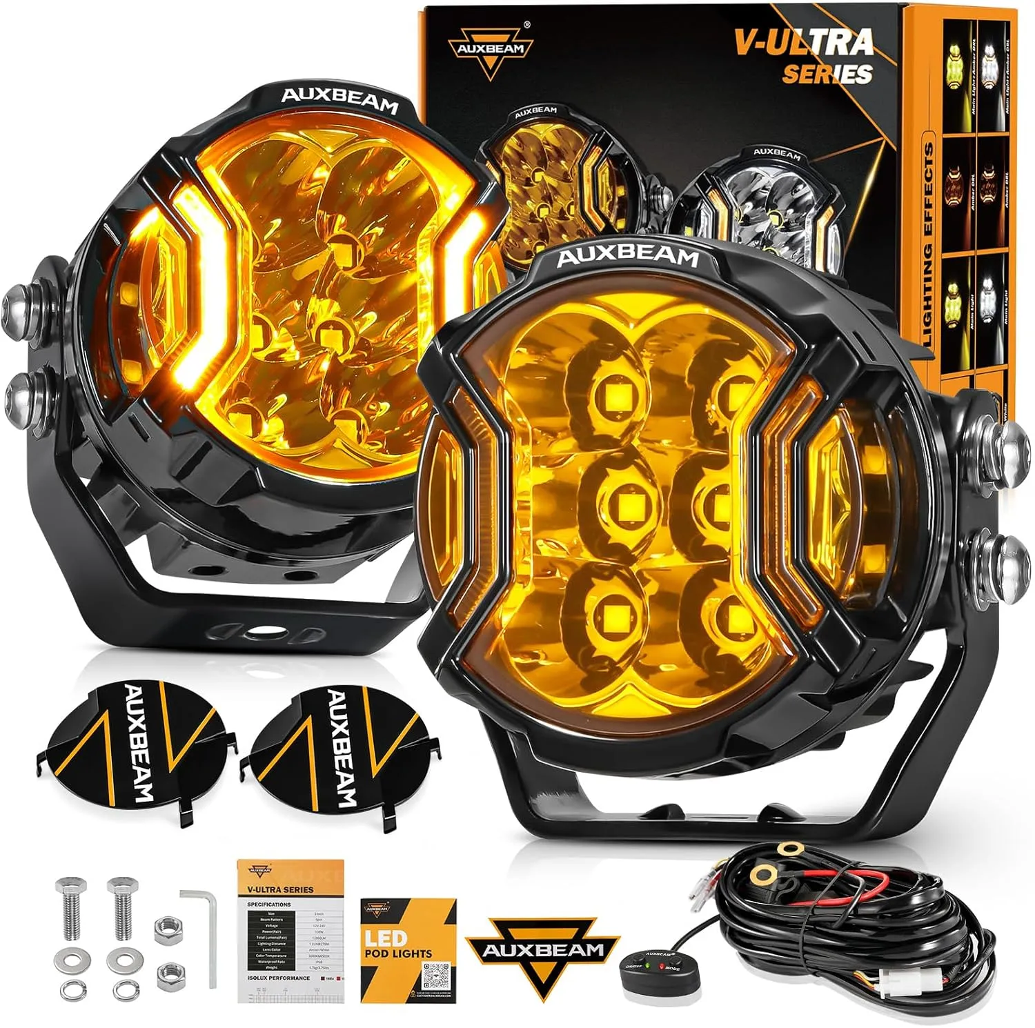 Auxbeam V-Ultra Series 3 Inch 108W LED Round Pods, 3 Modes Offroad Driving Side Shooter Light with Amber DRL, 270° Ultra-Wide Amber Cube Universal Spotlights with Covers & DT Plug Wiring Harness