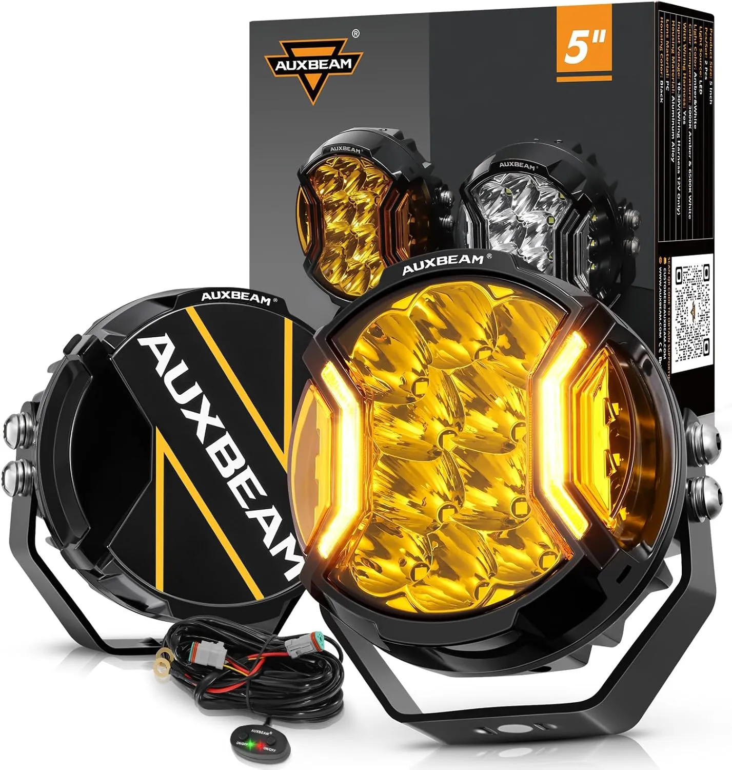 Auxbeam V-Ultra Series 5Inch 172W Side Shooter LED Pods, Amber DRL/Hyper Spot Light 3 Modes, 20400LM Offroad Round Fog Light Bar 270° Wider Range Yellow Spotlights with Covers, Pair