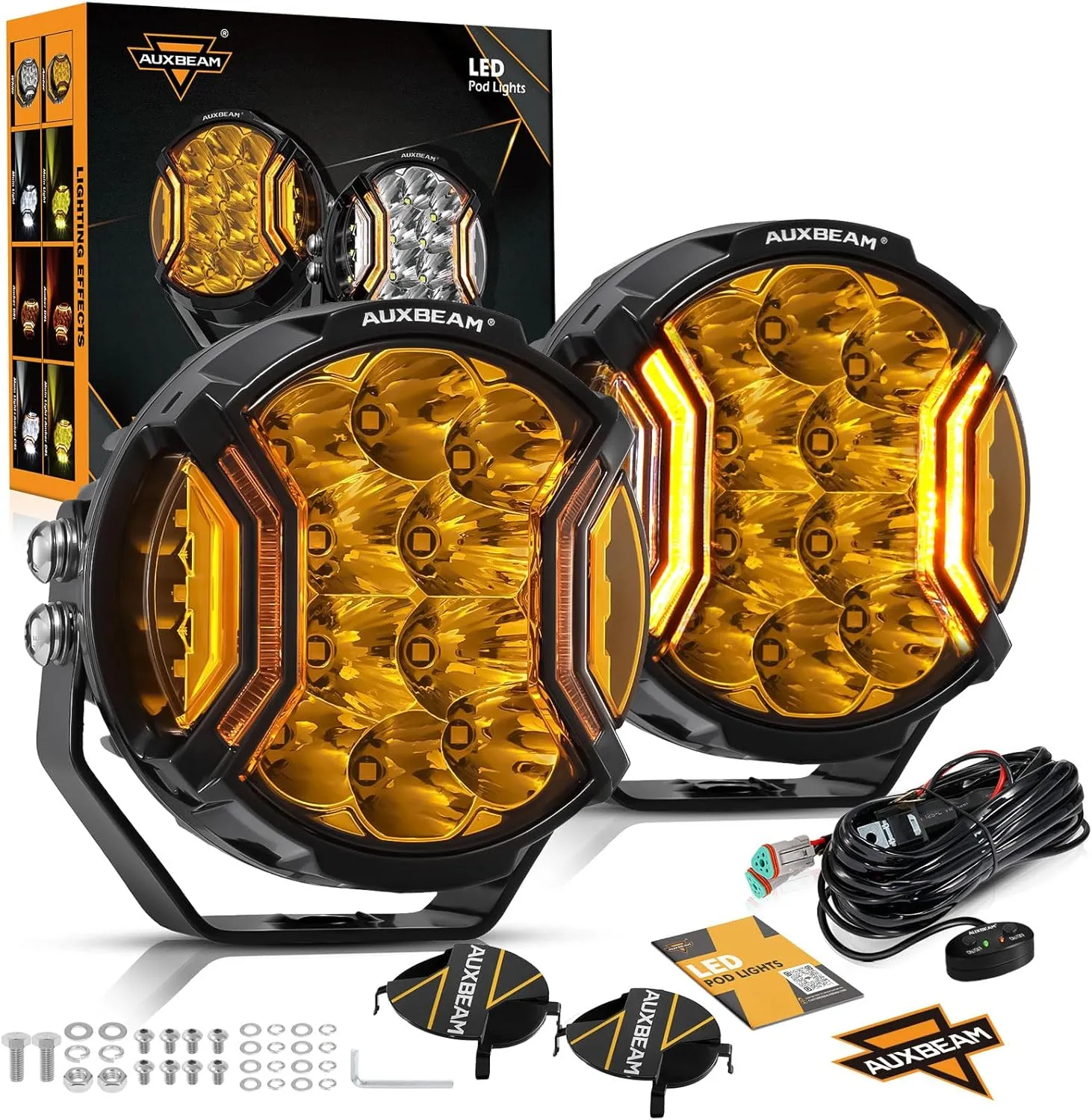 Auxbeam V-Ultra Series LED Round Pods, 5 Inch 172W Offroad Driving Side Shooter Light with Amber DRL, 270° Wide Range 3 Modes Yellow/Amber Fog Hyper Spot Beam Ditch Lights with Black Cover