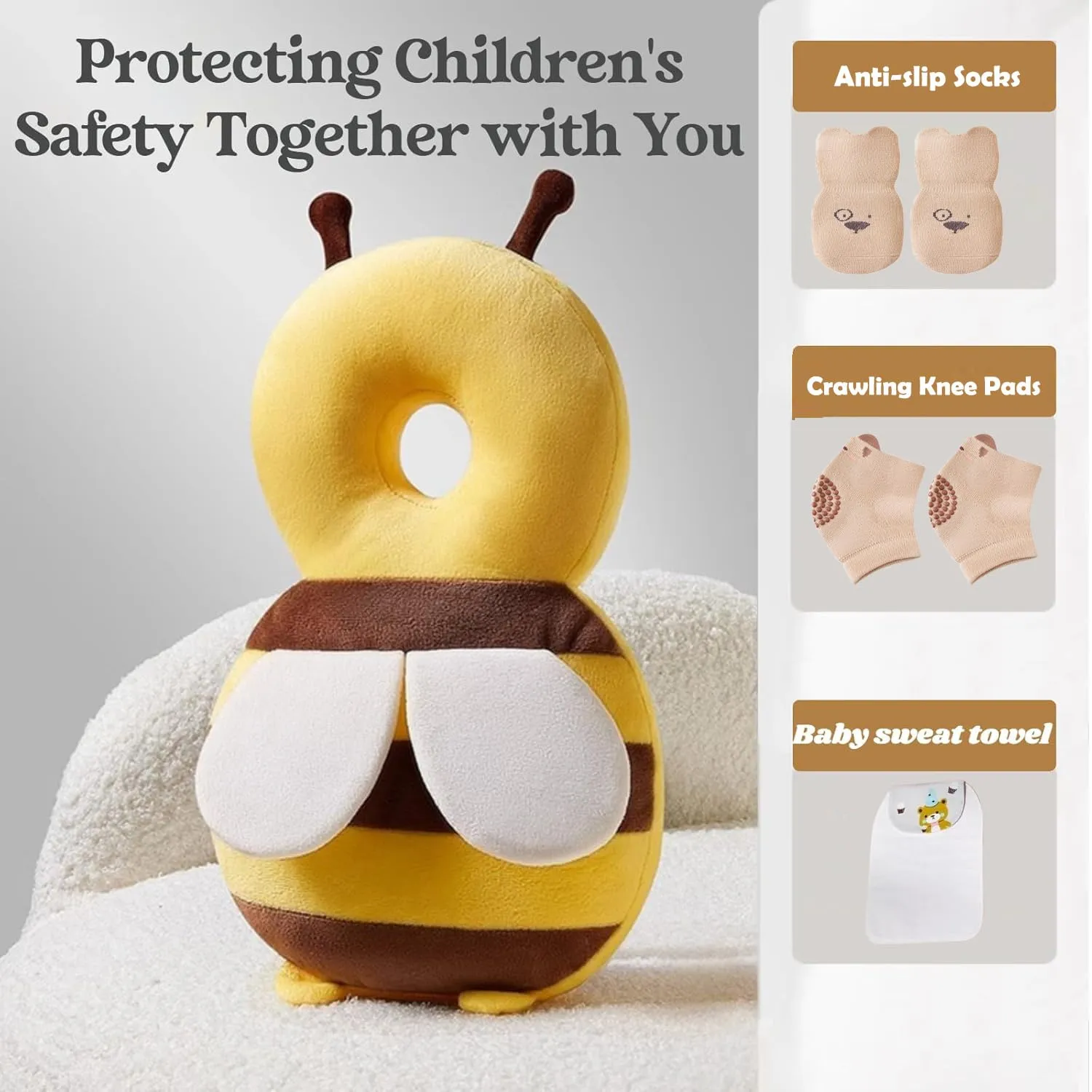 Baby Head Protector Backpack, Toddler Baby Head Protection Backpack with Baby Knee Pads Alarm Function for Walking & Crawling, Soft, Breathable and Wearing Safety Baby Head Protector - Yellow Bee