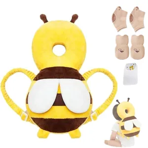 Baby Head Protector Backpack, Toddler Baby Head Protection Backpack with Baby Knee Pads Alarm Function for Walking & Crawling, Soft, Breathable and Wearing Safety Baby Head Protector - Yellow Bee