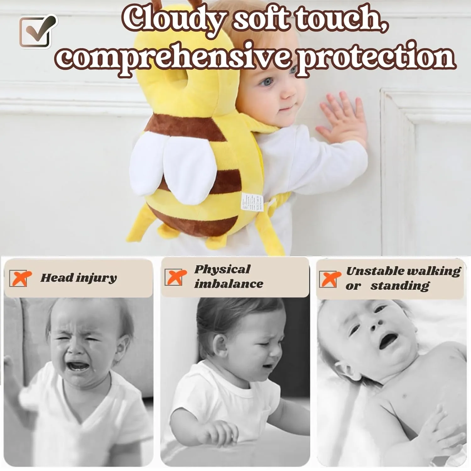 Baby Head Protector Backpack, Toddler Baby Head Protection Backpack with Baby Knee Pads Alarm Function for Walking & Crawling, Soft, Breathable and Wearing Safety Baby Head Protector - Yellow Bee