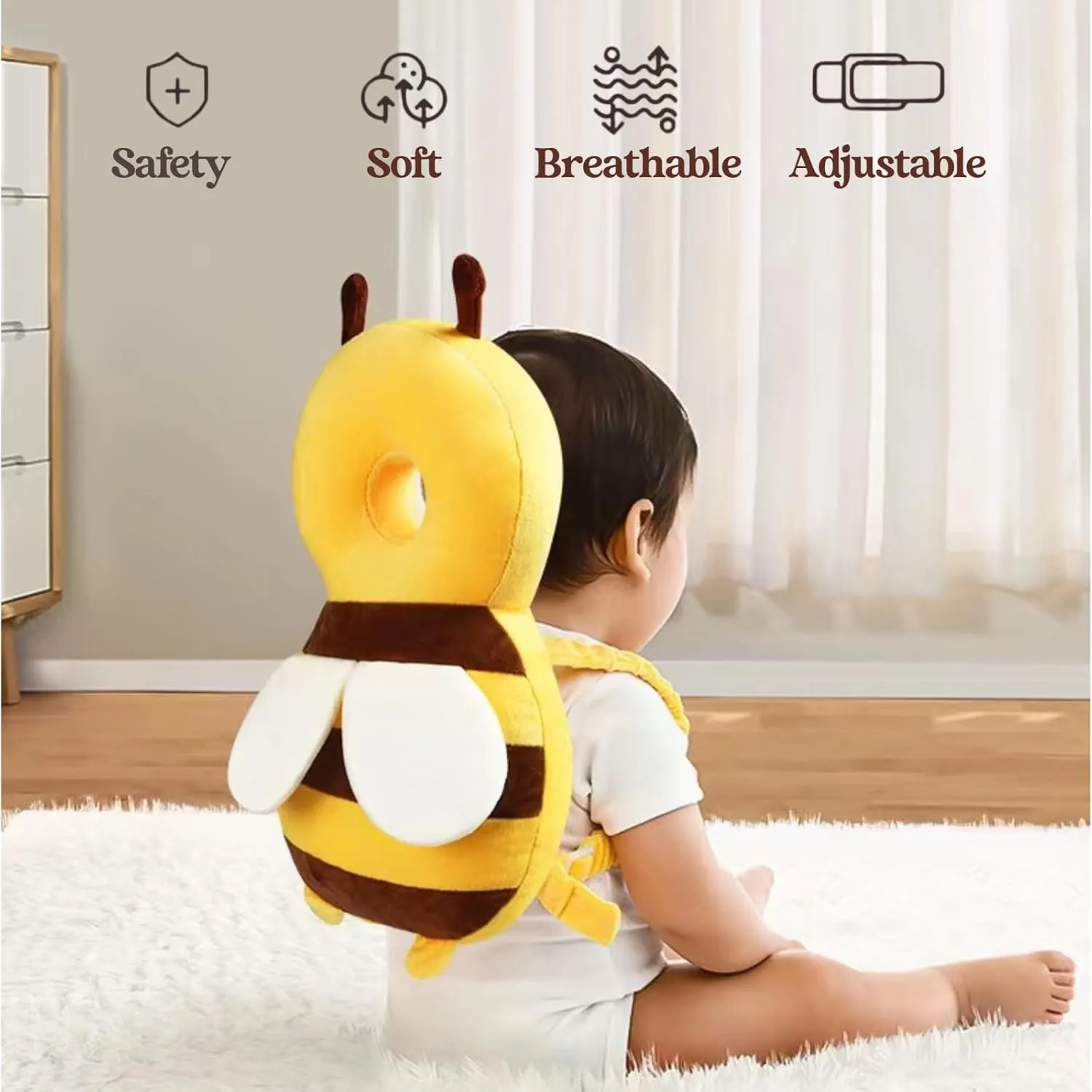 Baby Head Protector Backpack, Toddler Baby Head Protection Backpack with Baby Knee Pads Alarm Function for Walking & Crawling, Soft, Breathable and Wearing Safety Baby Head Protector - Yellow Bee
