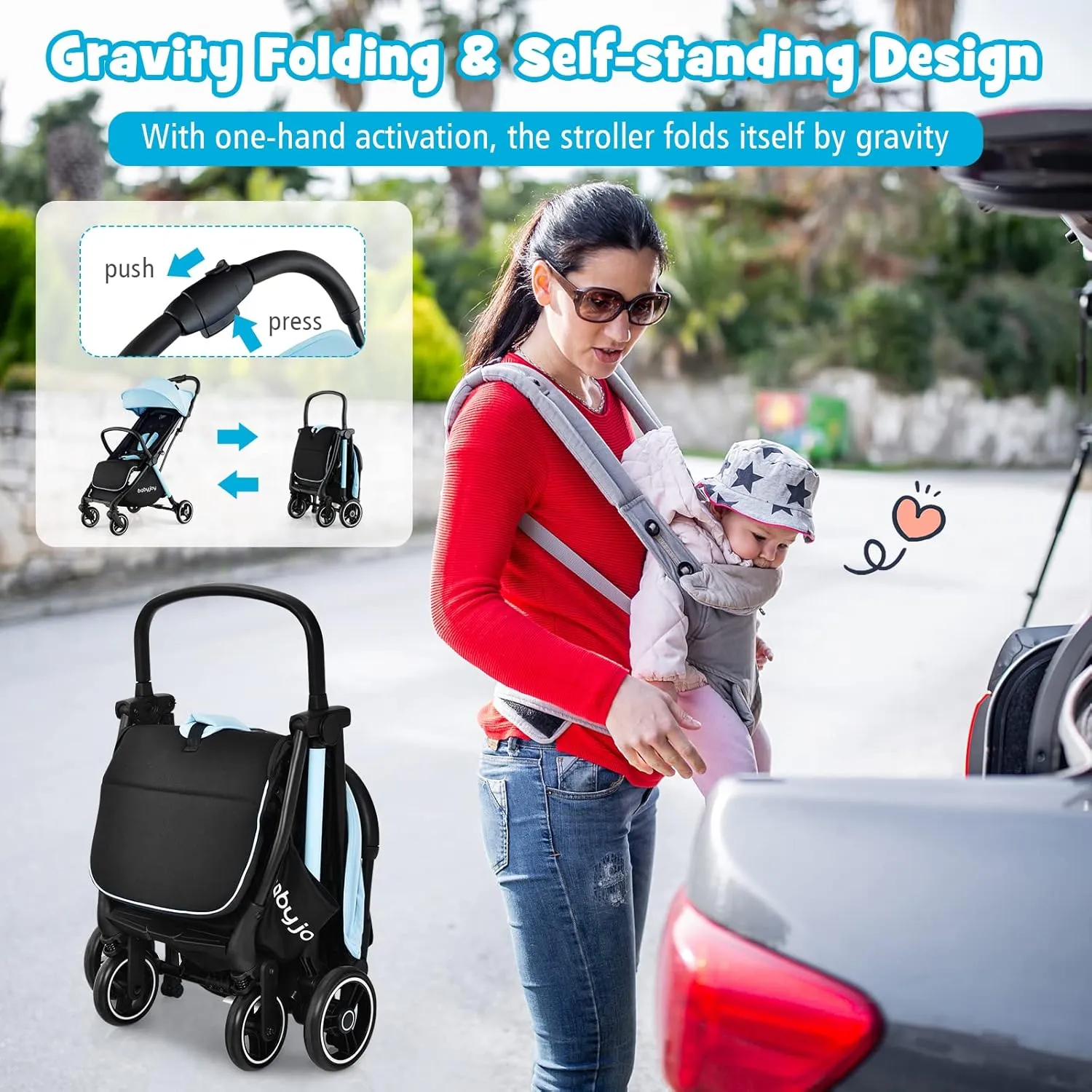 BABY JOY Lightweight Baby Stroller, Compact Travel Stroller for Airplane, Infant Toddler Stroller w/Adjustable Backrest & Canopy, Storage Basket, Self Standing Gravity Fold, Aluminium Frame (Blue)