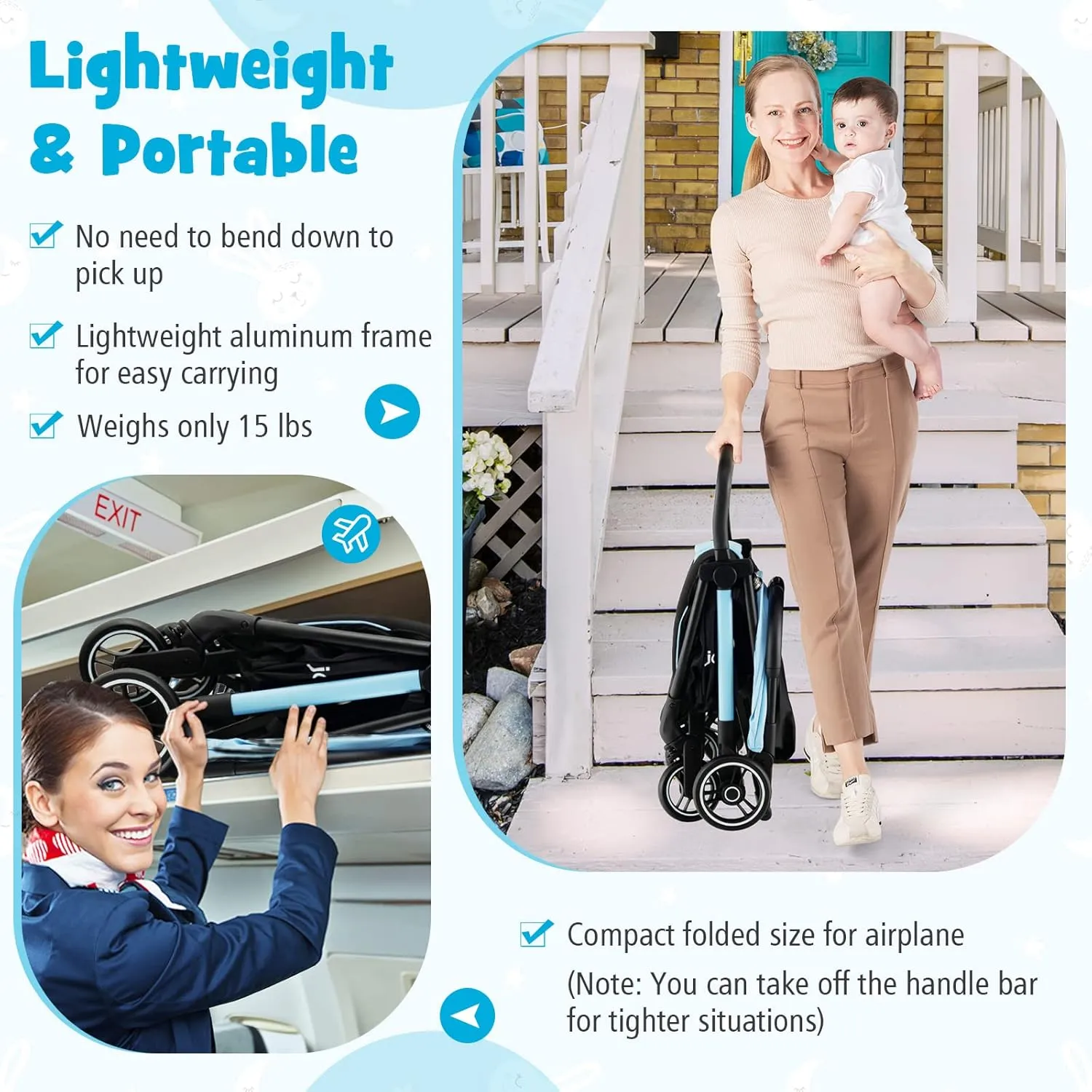 BABY JOY Lightweight Baby Stroller, Compact Travel Stroller for Airplane, Infant Toddler Stroller w/Adjustable Backrest & Canopy, Storage Basket, Self Standing Gravity Fold, Aluminium Frame (Blue)