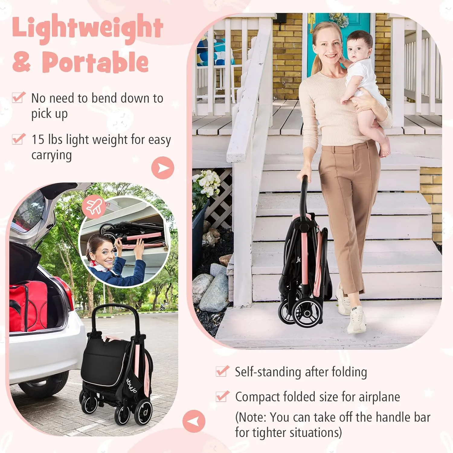 BABY JOY Lightweight Baby Stroller, Compact Travel Stroller for Airplane, Infant Toddler Stroller w/Adjustable Backrest & Canopy, Storage Basket, Self Standing Gravity Fold, Aluminium Frame (Pink)