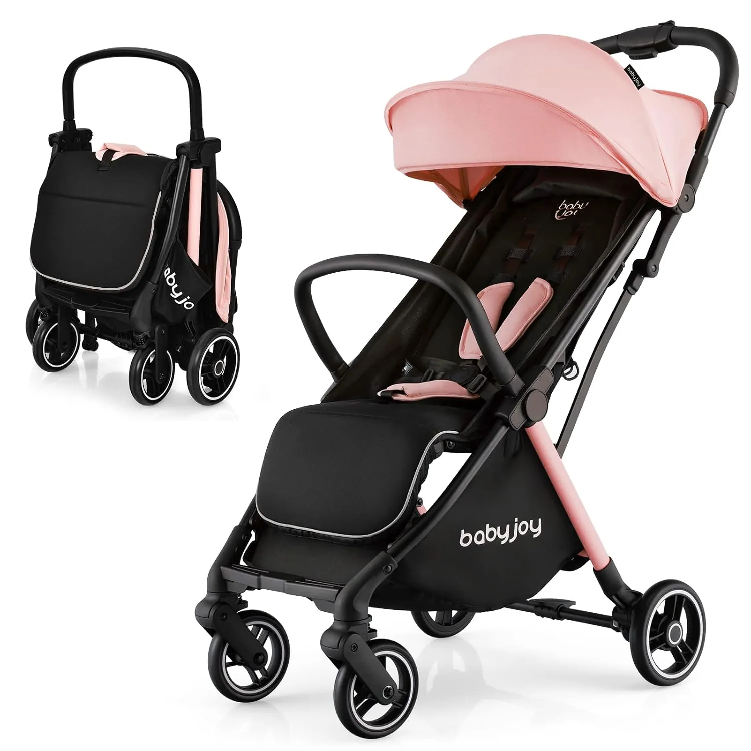 BABY JOY Lightweight Baby Stroller, Compact Travel Stroller for Airplane, Infant Toddler Stroller w/Adjustable Backrest & Canopy, Storage Basket, Self Standing Gravity Fold, Aluminium Frame (Pink)