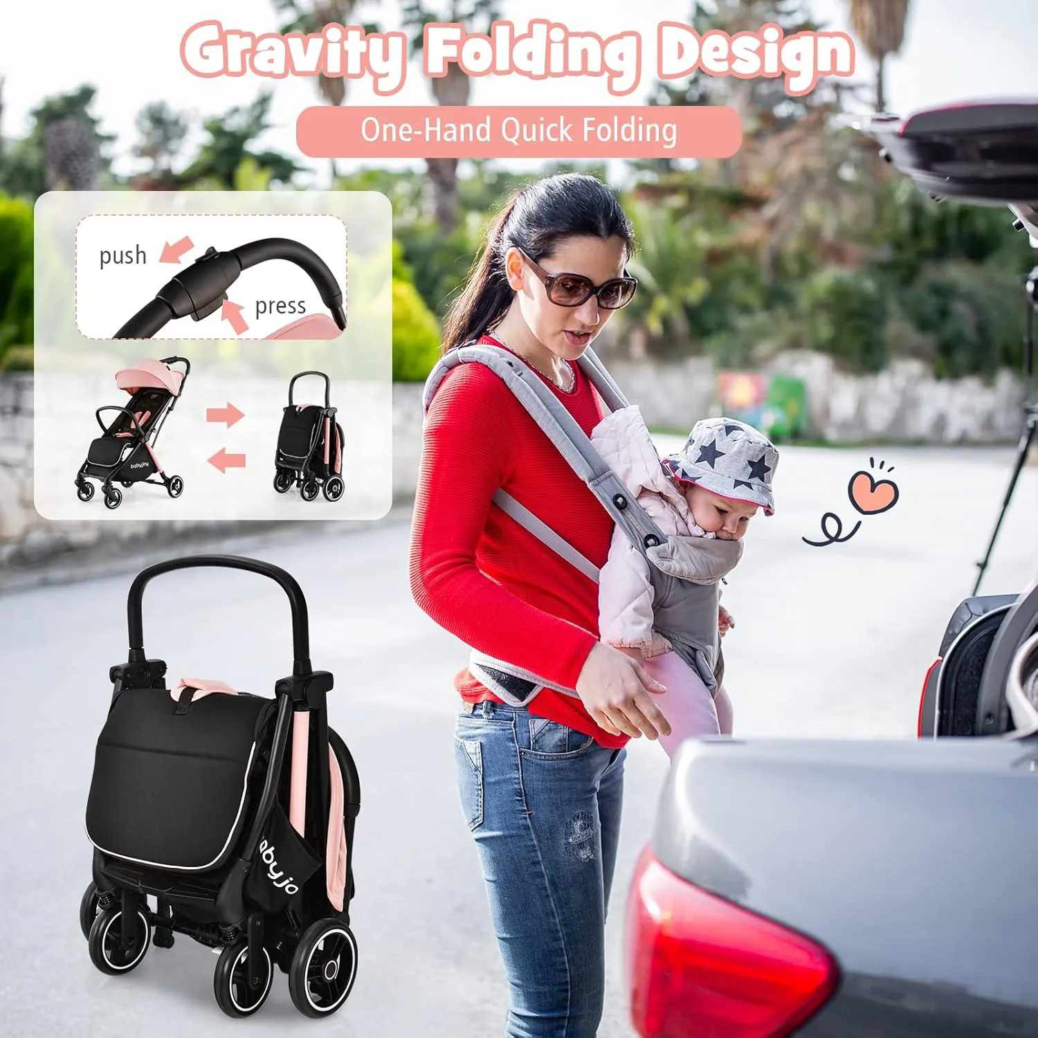BABY JOY Lightweight Baby Stroller, Compact Travel Stroller for Airplane, Infant Toddler Stroller w/Adjustable Backrest & Canopy, Storage Basket, Self Standing Gravity Fold, Aluminium Frame (Pink)