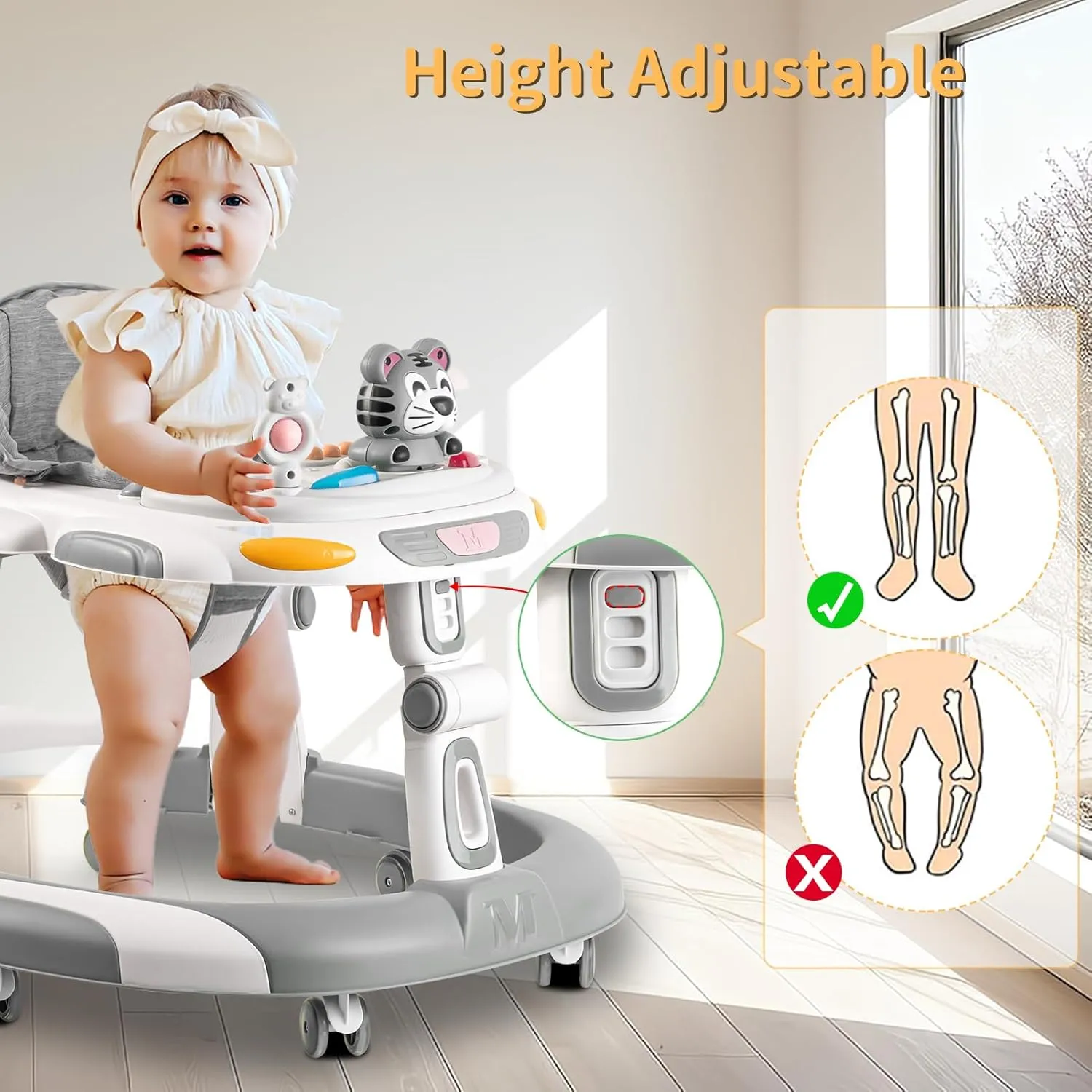 Baby Walker, 4-in-1 Foldable Baby Walkers and Baby Activity Center with Toys Tray,3-Gear Height Adjustable Infant Toddler Baby Walker with Wheels for Baby Boys and Girls 6-24 Months(Grey)