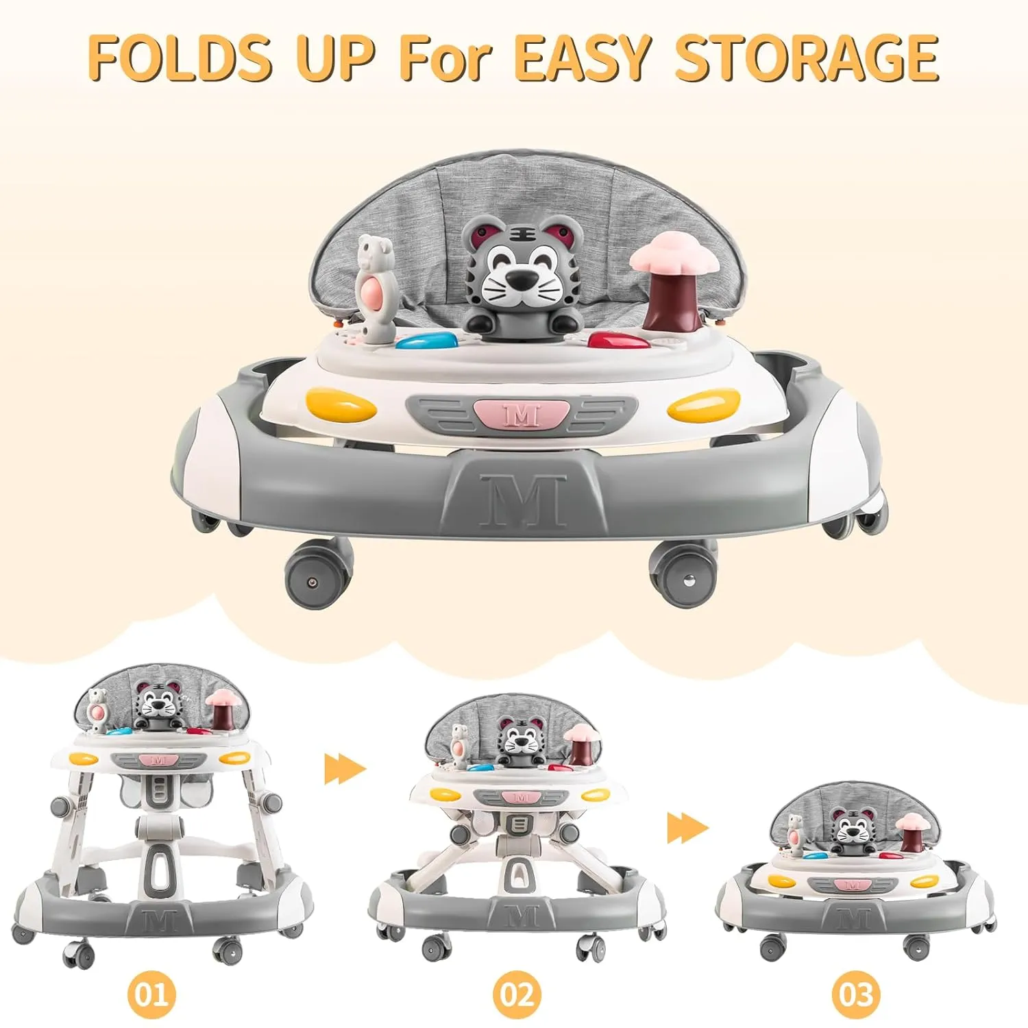Baby Walker, 4-in-1 Foldable Baby Walkers and Baby Activity Center with Toys Tray,3-Gear Height Adjustable Infant Toddler Baby Walker with Wheels for Baby Boys and Girls 6-24 Months(Grey)