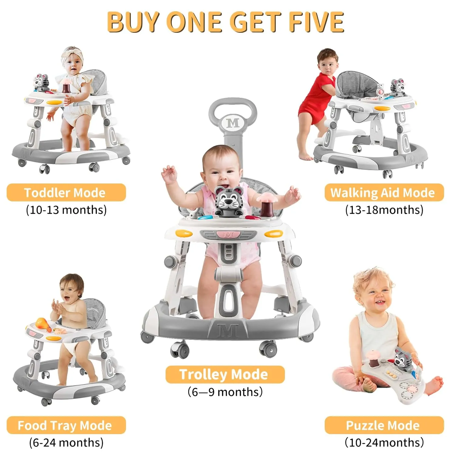 Baby Walker, 4-in-1 Foldable Baby Walkers and Baby Activity Center with Toys Tray,3-Gear Height Adjustable Infant Toddler Baby Walker with Wheels for Baby Boys and Girls 6-24 Months(Grey)