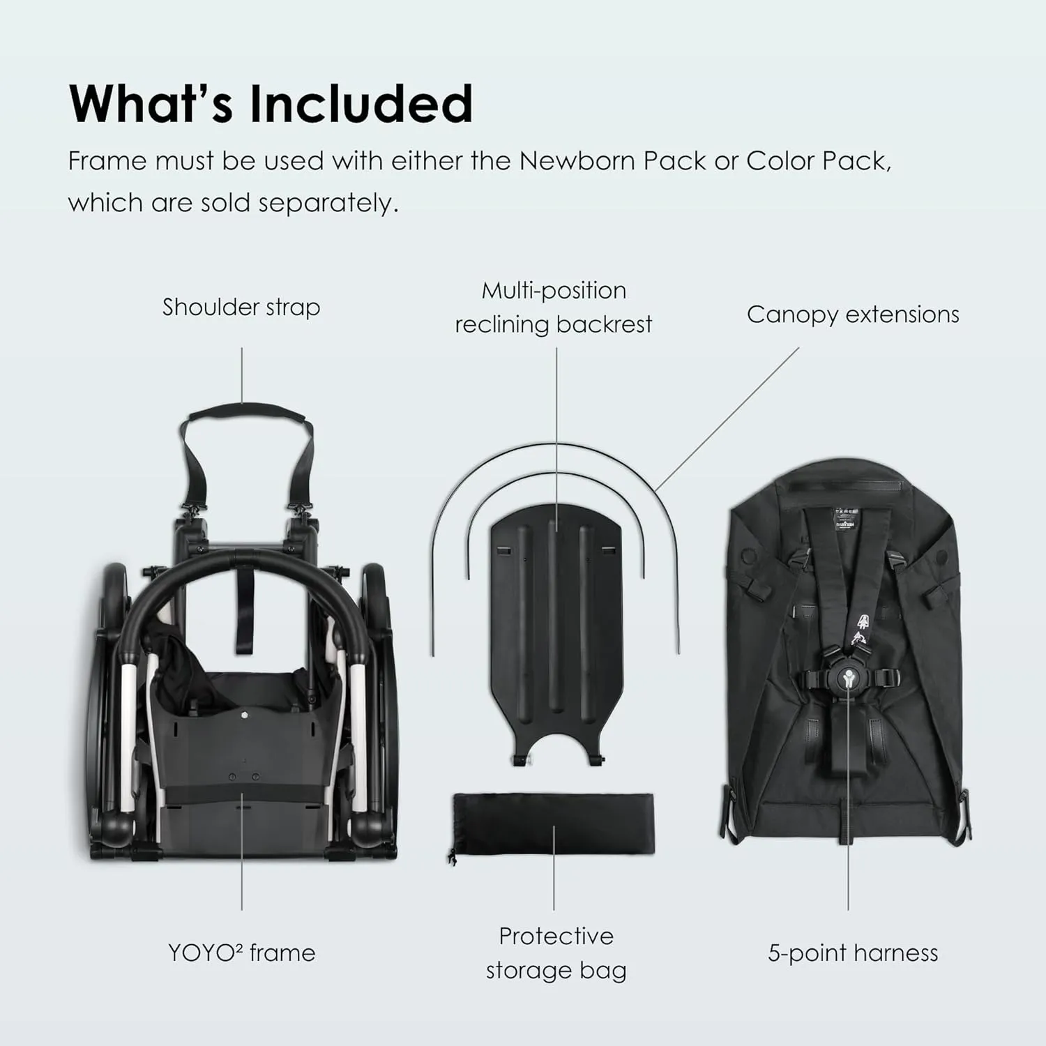 BABYZEN YOYO2 Stroller Frame, White - Includes 5-Point Harness, Multi-Position Reclining Backrest, Canopy Extensions, Padded Shoulder Strap & Protective Storage Bag