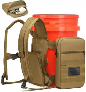 Backpack for 5 Gallon Buckets - Universal Bucket Organizer with Pocket for Hunting, Fishing, Apple Picking, Baseball & Ice Fishing, Brown