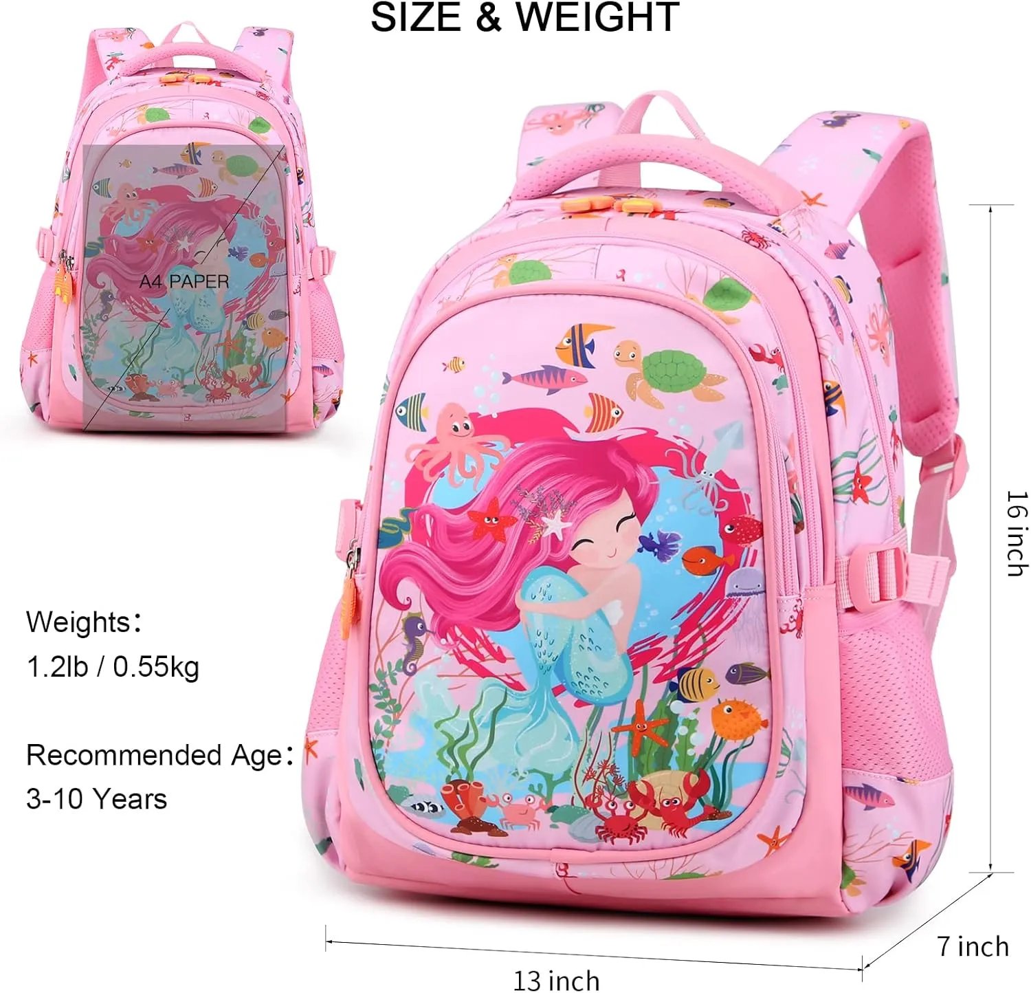 Backpack for Girls/Boys, 16 Inch Mermaid kids Backpack for Elementary Students, Waterproof Preschool School Bag Toddler Backpack with Adjustable Padded Straps