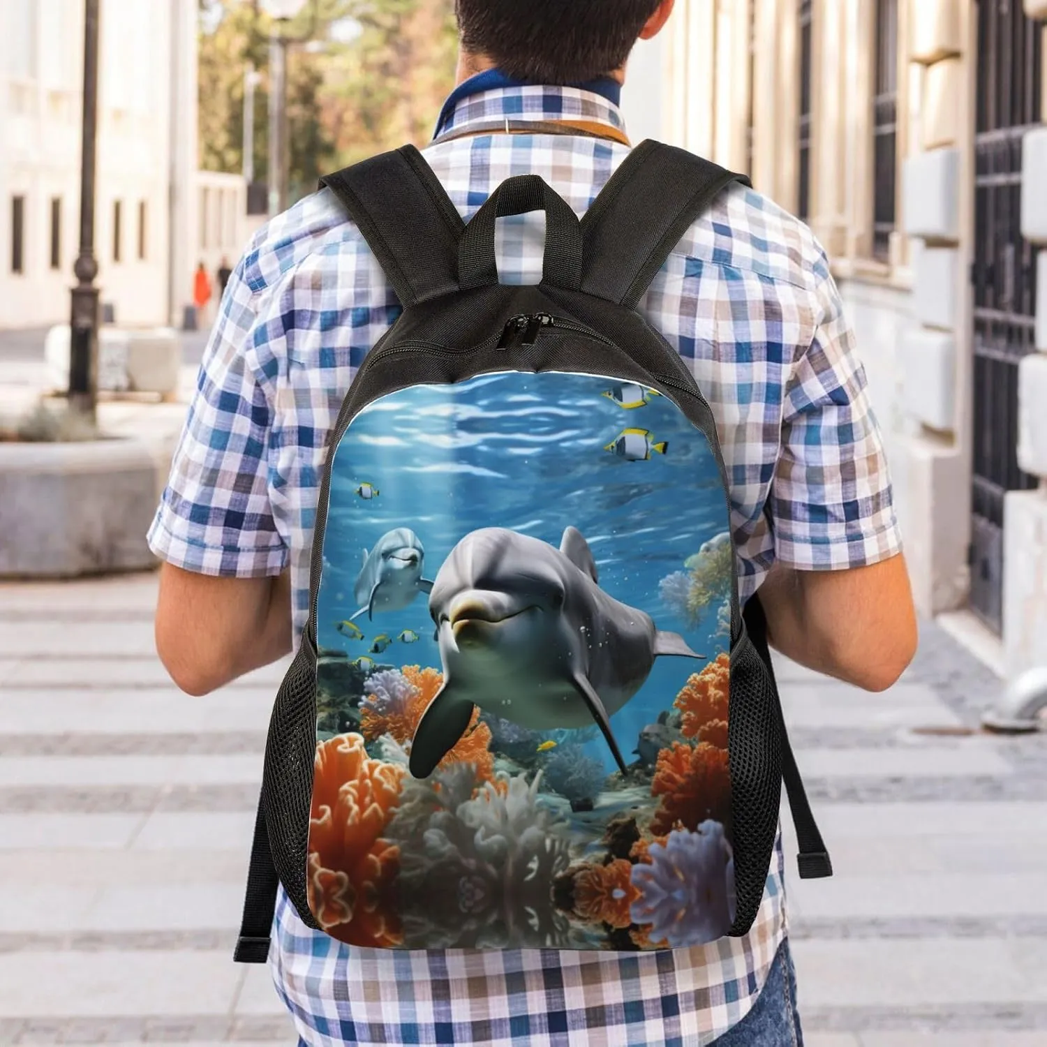 Backpack for Men Women Laptop Backpack Dolphin in the coral reef Daypack Laptop Bag for Travel, Dolphin in the Coral Reef, One Size