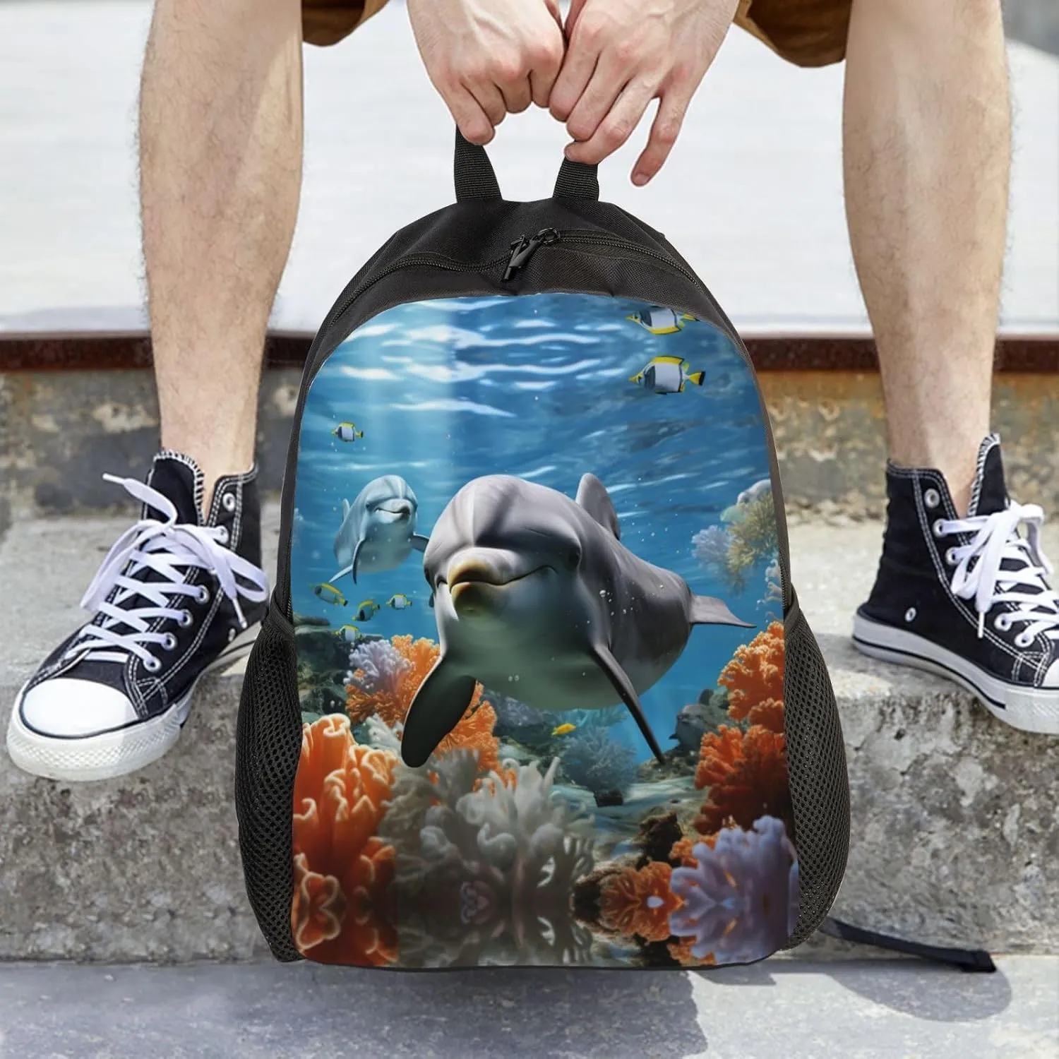 Backpack for Men Women Laptop Backpack Dolphin in the coral reef Daypack Laptop Bag for Travel, Dolphin in the Coral Reef, One Size