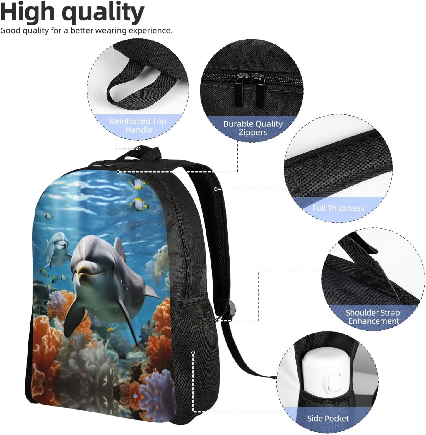 Backpack for Men Women Laptop Backpack Dolphin in the coral reef Daypack Laptop Bag for Travel, Dolphin in the Coral Reef, One Size