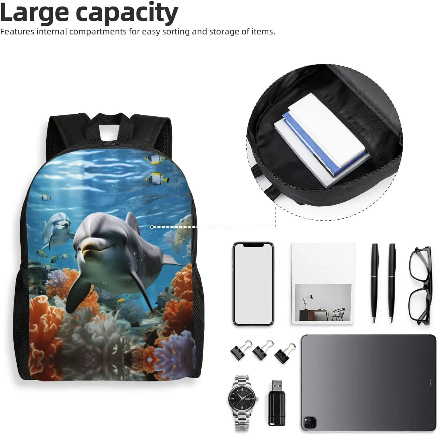 Backpack for Men Women Laptop Backpack Dolphin in the coral reef Daypack Laptop Bag for Travel, Dolphin in the Coral Reef, One Size