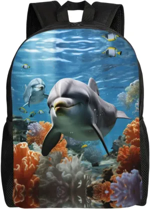 Backpack for Men Women Laptop Backpack Dolphin in the coral reef Daypack Laptop Bag for Travel, Dolphin in the Coral Reef, One Size