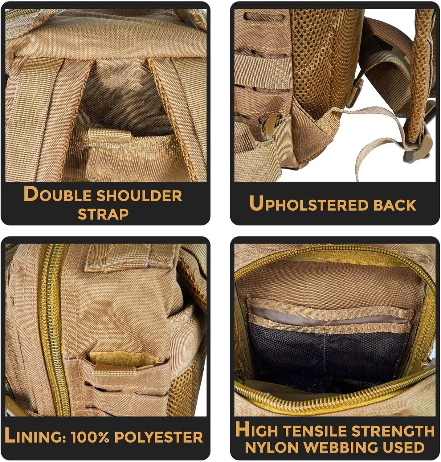BaHoki Essentials Large Size Tactical Backpack - Military Rucksack with Molle Bags - Ventilated Mesh Adjustable Bag (Tan)