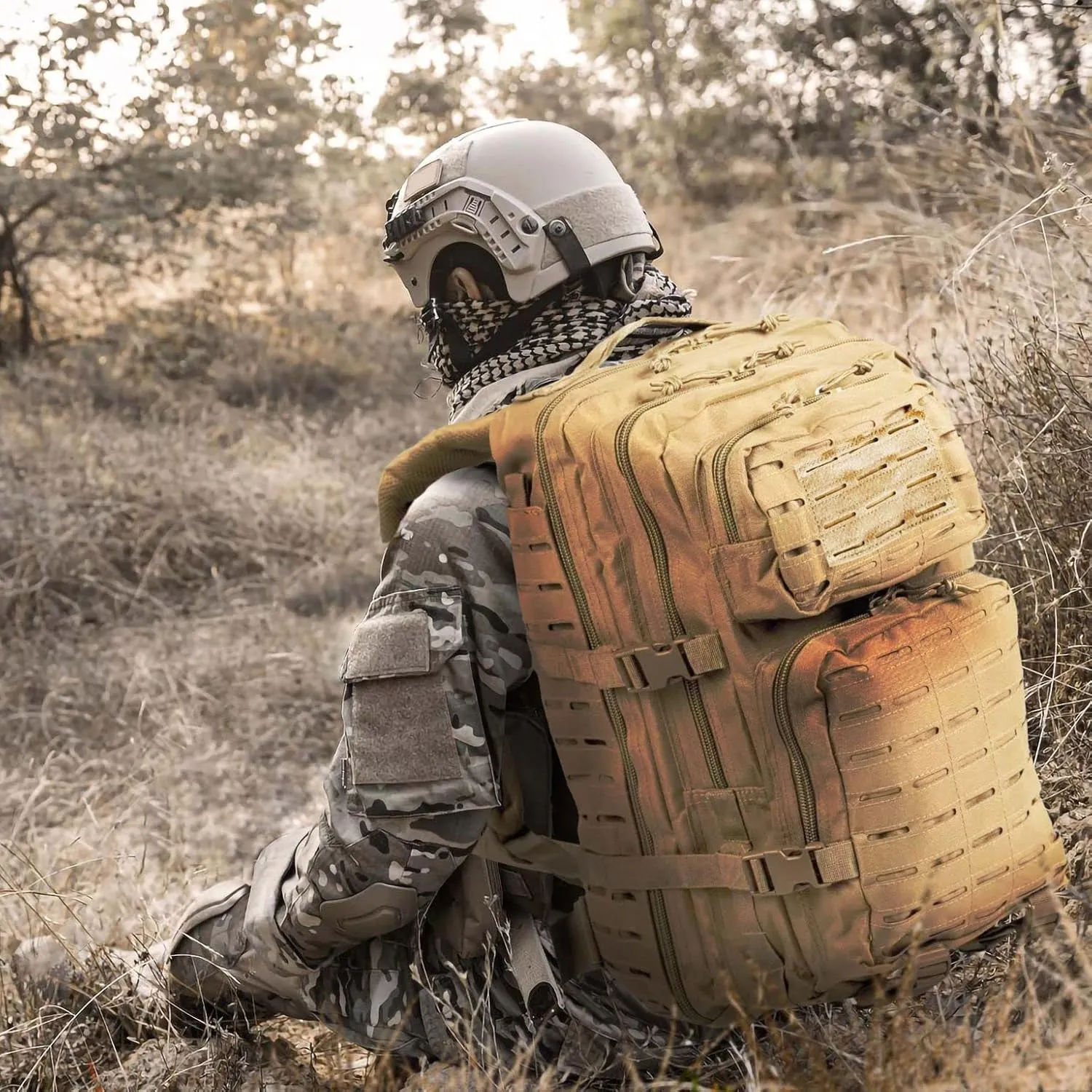 BaHoki Essentials Large Size Tactical Backpack - Military Rucksack with Molle Bags - Ventilated Mesh Adjustable Bag (Tan)
