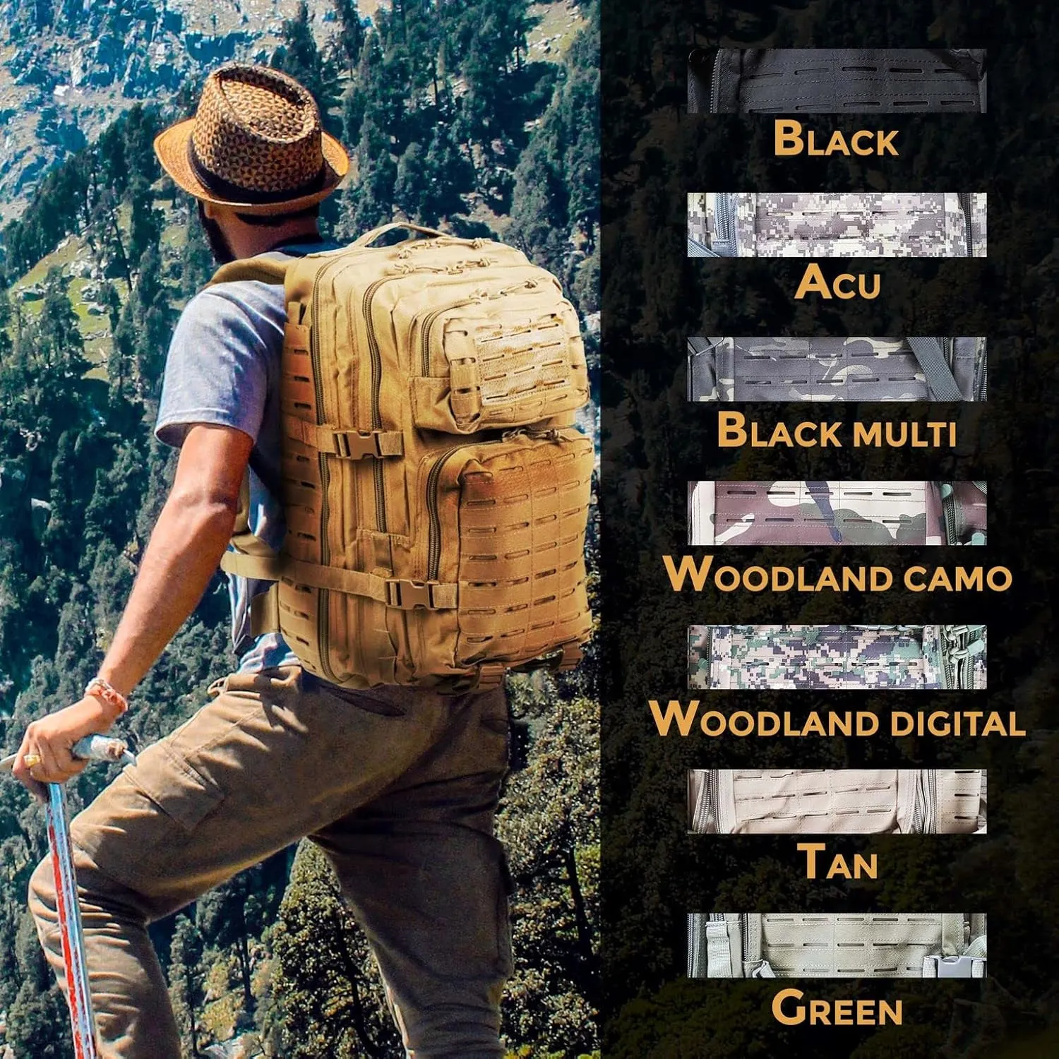 BaHoki Essentials Large Size Tactical Backpack - Military Rucksack with Molle Bags - Ventilated Mesh Adjustable Bag (Tan)