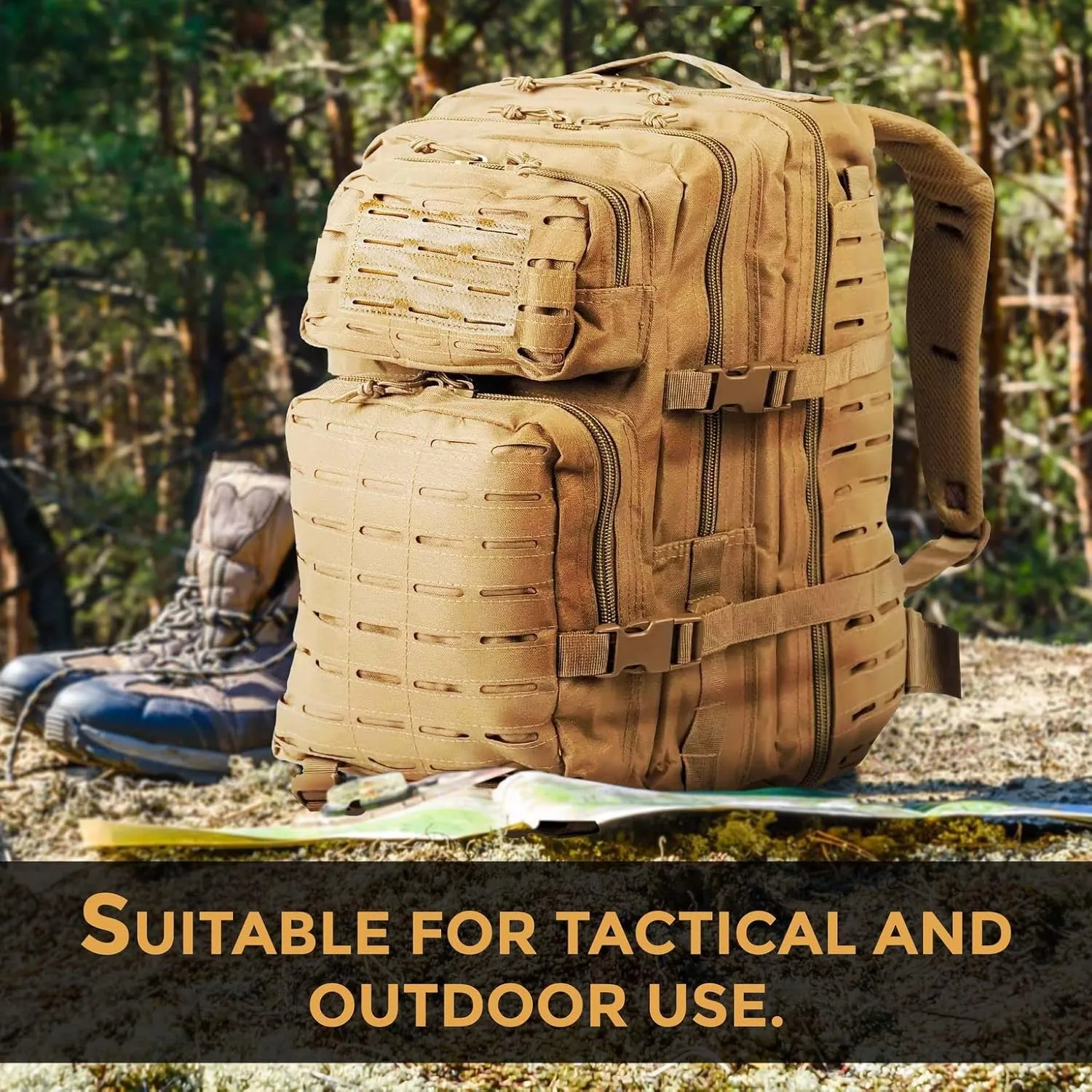 BaHoki Essentials Large Size Tactical Backpack - Military Rucksack with Molle Bags - Ventilated Mesh Adjustable Bag (Tan)