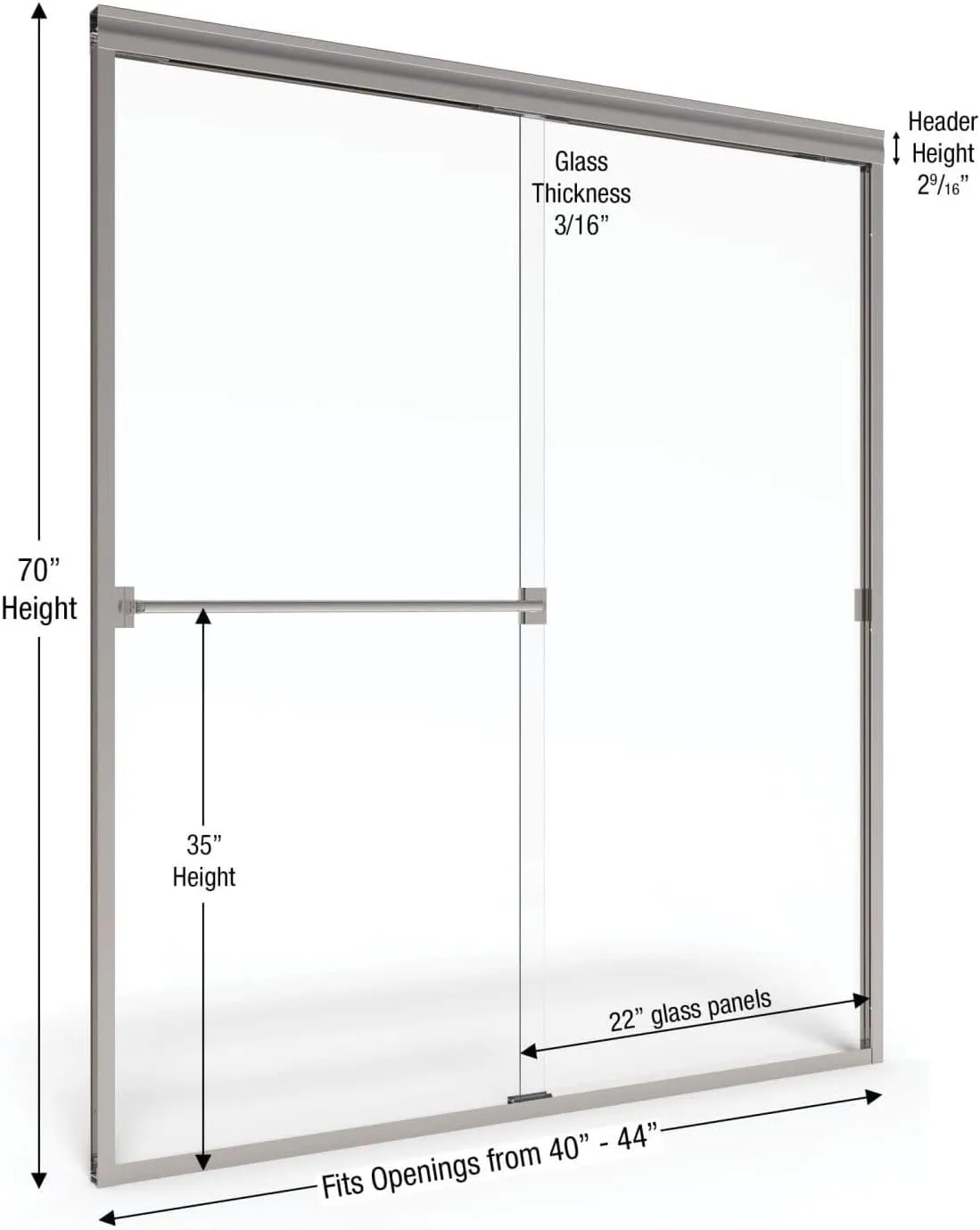 Basco Classic Sliding Shower Door, Fits 40-44 inch opening, Clear Glass, Brushed Nickel Finish