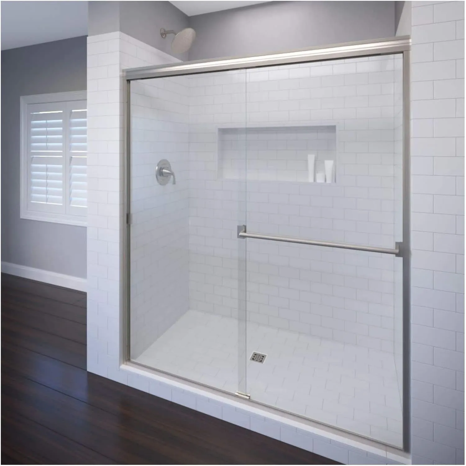 Basco Classic Sliding Shower Door, Fits 40-44 inch opening, Clear Glass, Brushed Nickel Finish