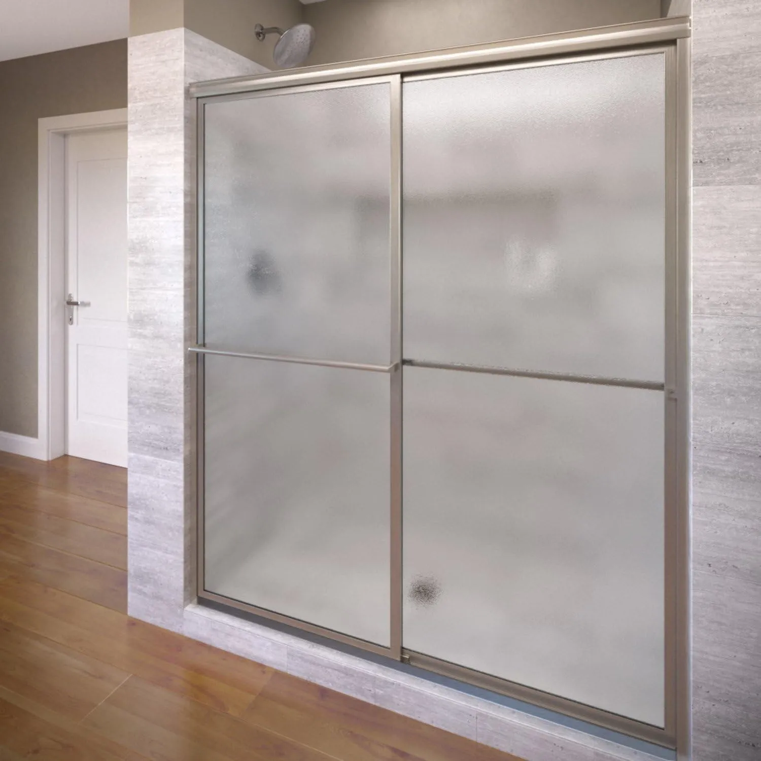 Basco Deluxe Framed Sliding Shower Door, Fits 42-44 inch opening, Obscure Glass, Brushed Nickel Finish