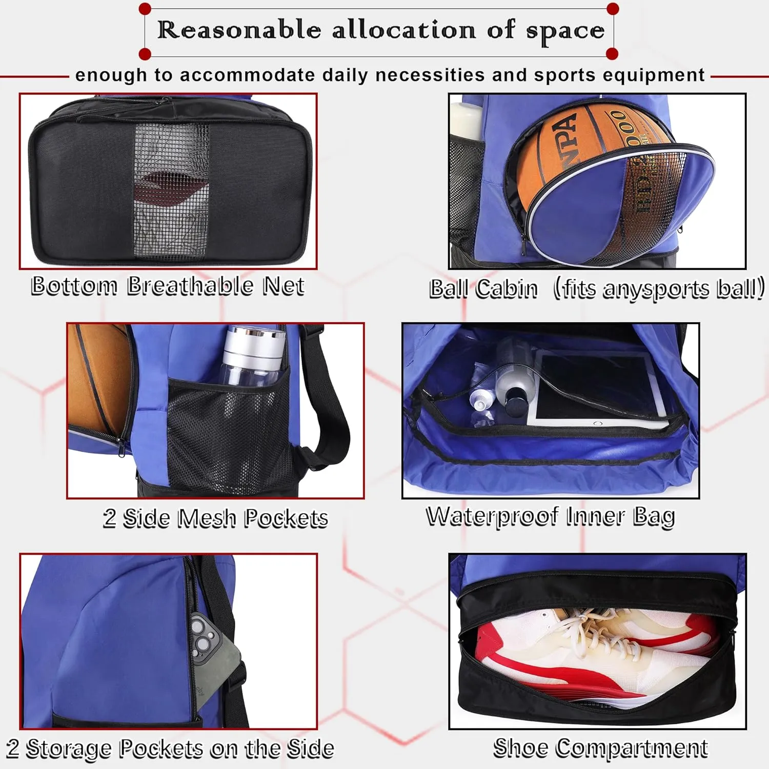 Basketball Backpack, 45 L Drawstring Sports Bag with Large Shoe Compartment and Wet Pockets for Women Men Gym Bag
