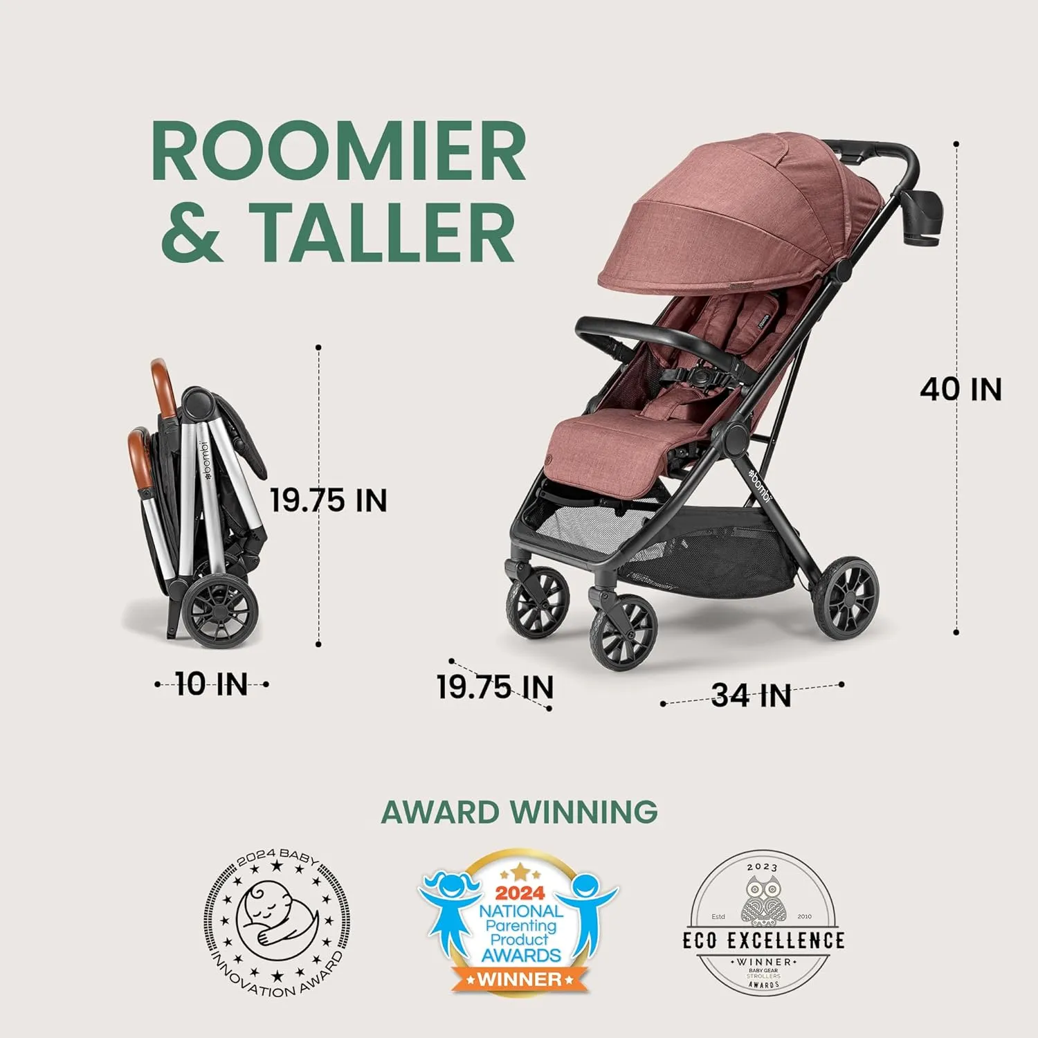 Bēbee V2 Lightweight Baby Stroller - Premium Vegan Leather, One-Hand Fold, Infinite Recline, Aircraft-Grade Aluminum Frame, XXL Canopy, and Ample Storage Umbrella Stroller - Desert Berry