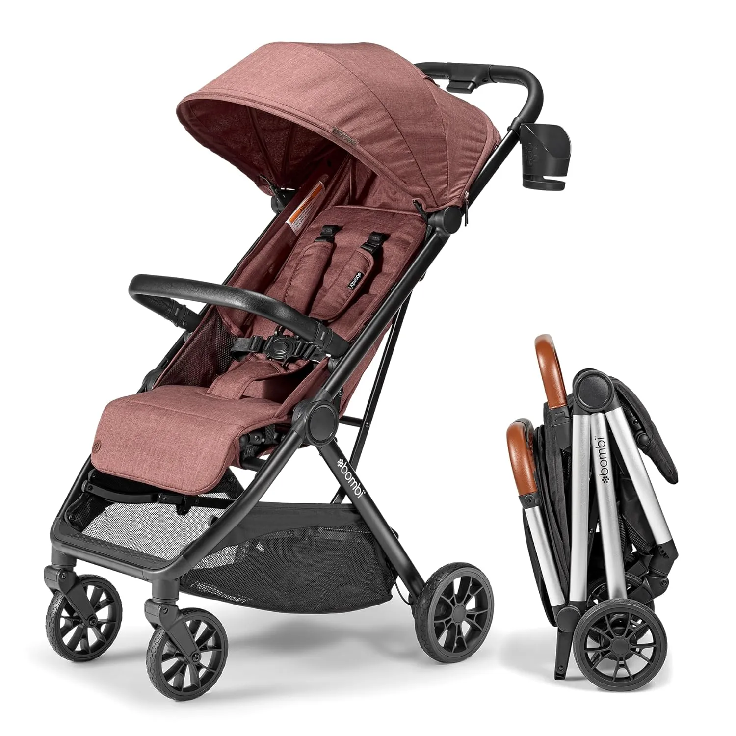 Bēbee V2 Lightweight Baby Stroller - Premium Vegan Leather, One-Hand Fold, Infinite Recline, Aircraft-Grade Aluminum Frame, XXL Canopy, and Ample Storage Umbrella Stroller - Desert Berry