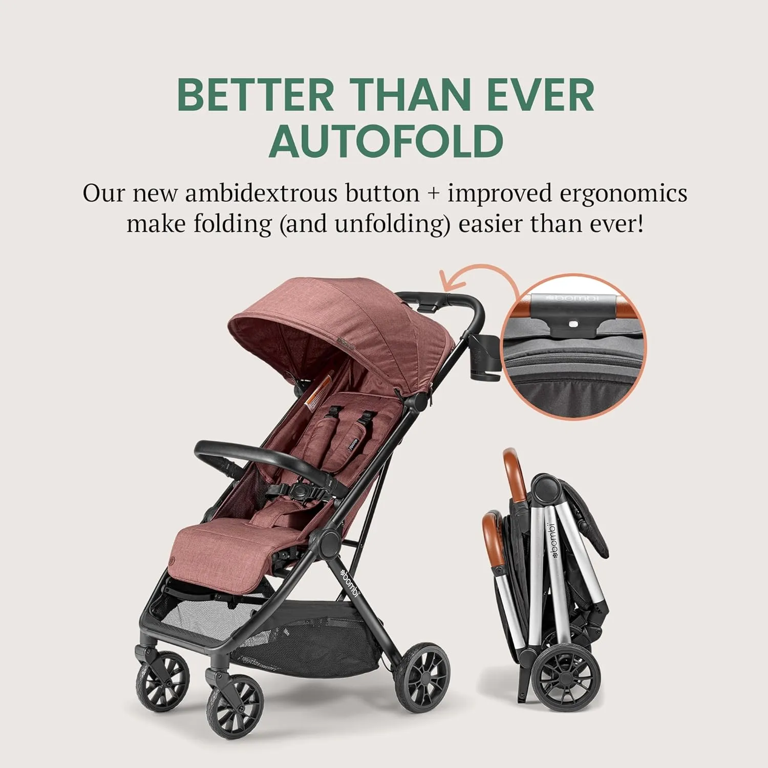 Bēbee V2 Lightweight Baby Stroller - Premium Vegan Leather, One-Hand Fold, Infinite Recline, Aircraft-Grade Aluminum Frame, XXL Canopy, and Ample Storage Umbrella Stroller - Desert Berry