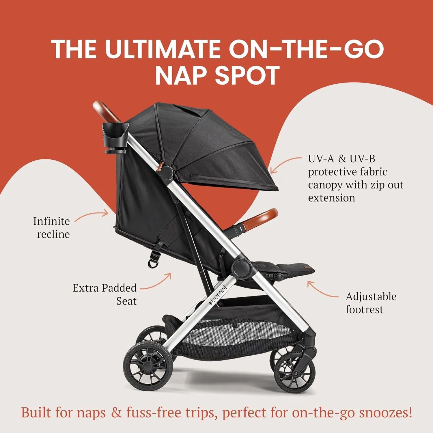 Bēbee V2 Lightweight Baby Stroller - Premium Vegan Leather, One-Hand Fold, Infinite Recline, Aircraft-Grade Aluminum Frame, XXL Canopy, and Ample Storage Umbrella Stroller - Desert Berry