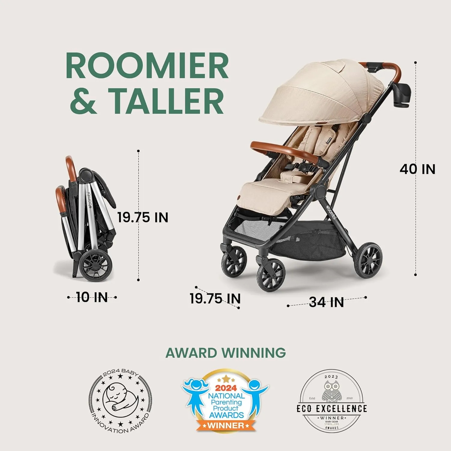 Bēbee V2 Lightweight Baby Stroller - Premium Vegan Leather, One-Hand Fold, Infinite Recline, Aircraft-Grade Aluminum Frame, XXL Canopy, and Ample Storage Umbrella Stroller - Sand