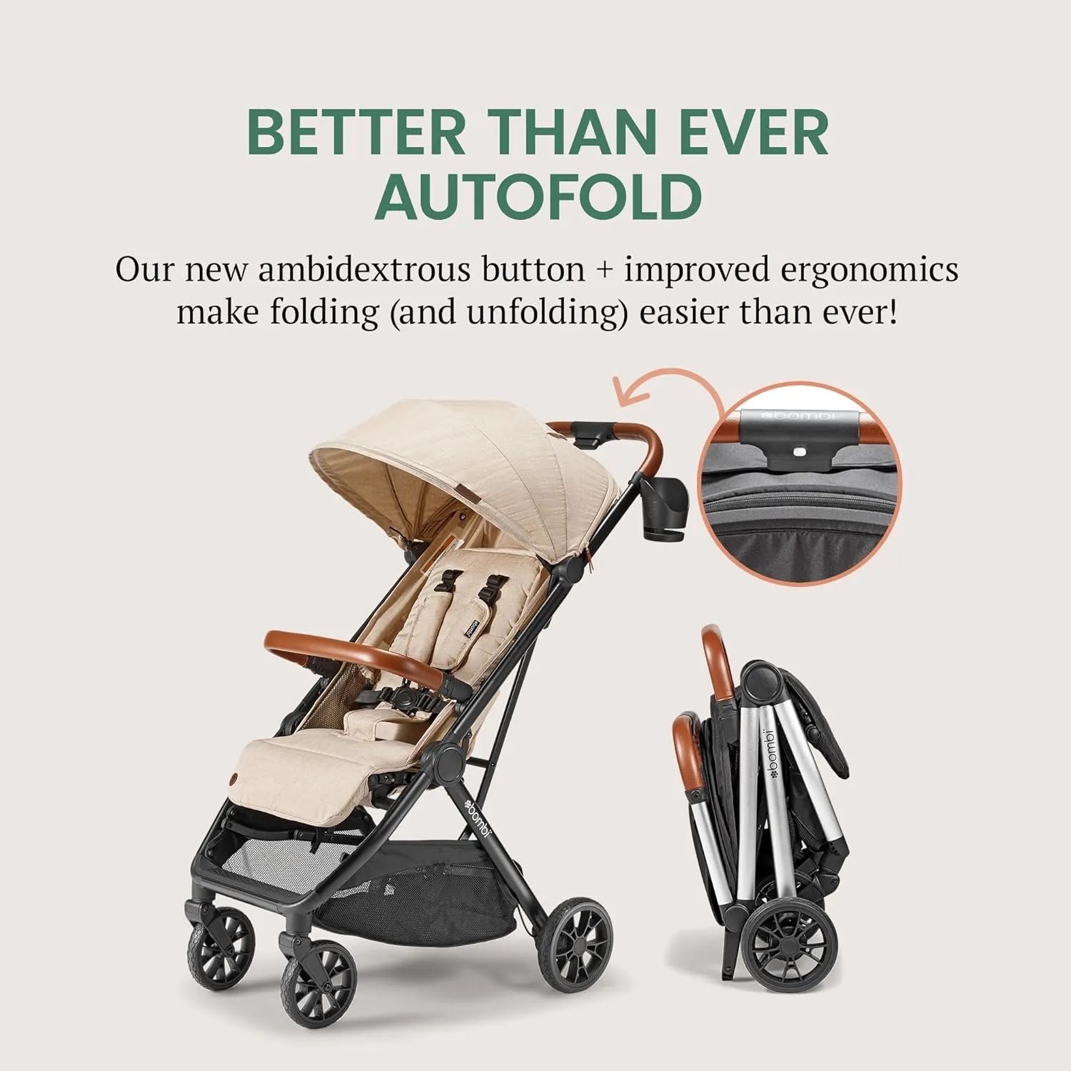 Bēbee V2 Lightweight Baby Stroller - Premium Vegan Leather, One-Hand Fold, Infinite Recline, Aircraft-Grade Aluminum Frame, XXL Canopy, and Ample Storage Umbrella Stroller - Sand