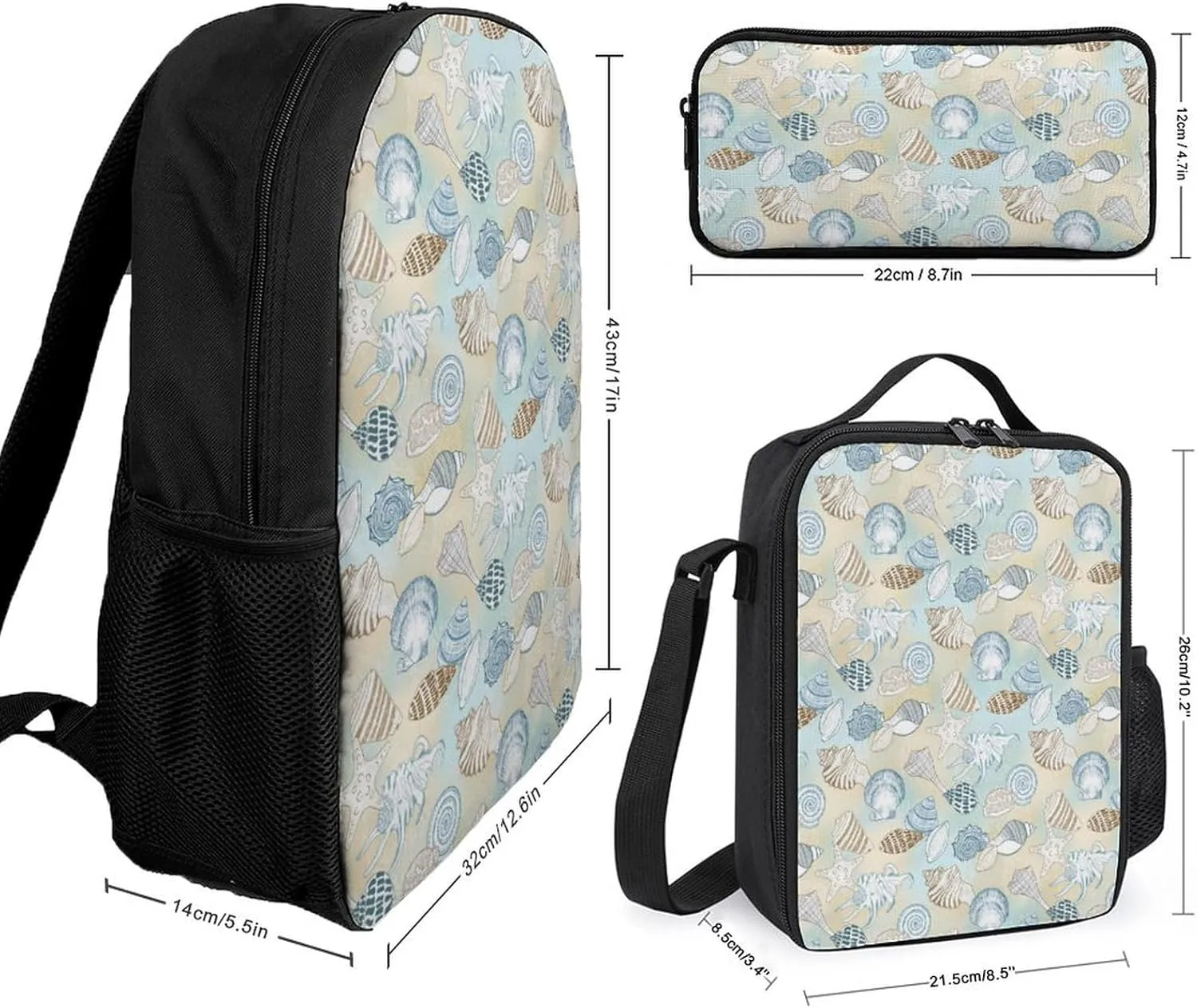Beach Seashells Pattern Shoulder Backpack Diagonal Lunch Bag Pencil Case Set